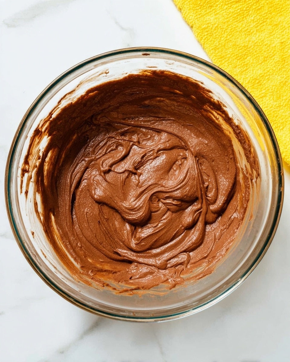 A clear glass bowl holds a thick, smooth chocolate batter with a rich brown color. The batter spreads unevenly inside the bowl with visible swirls and creamy texture, lightly touching the sides of the bowl. The bowl sits on a white marbled surface with a bright yellow towel partially visible at the top right corner. The photo taken with an iphone --ar 4:5 --v 7