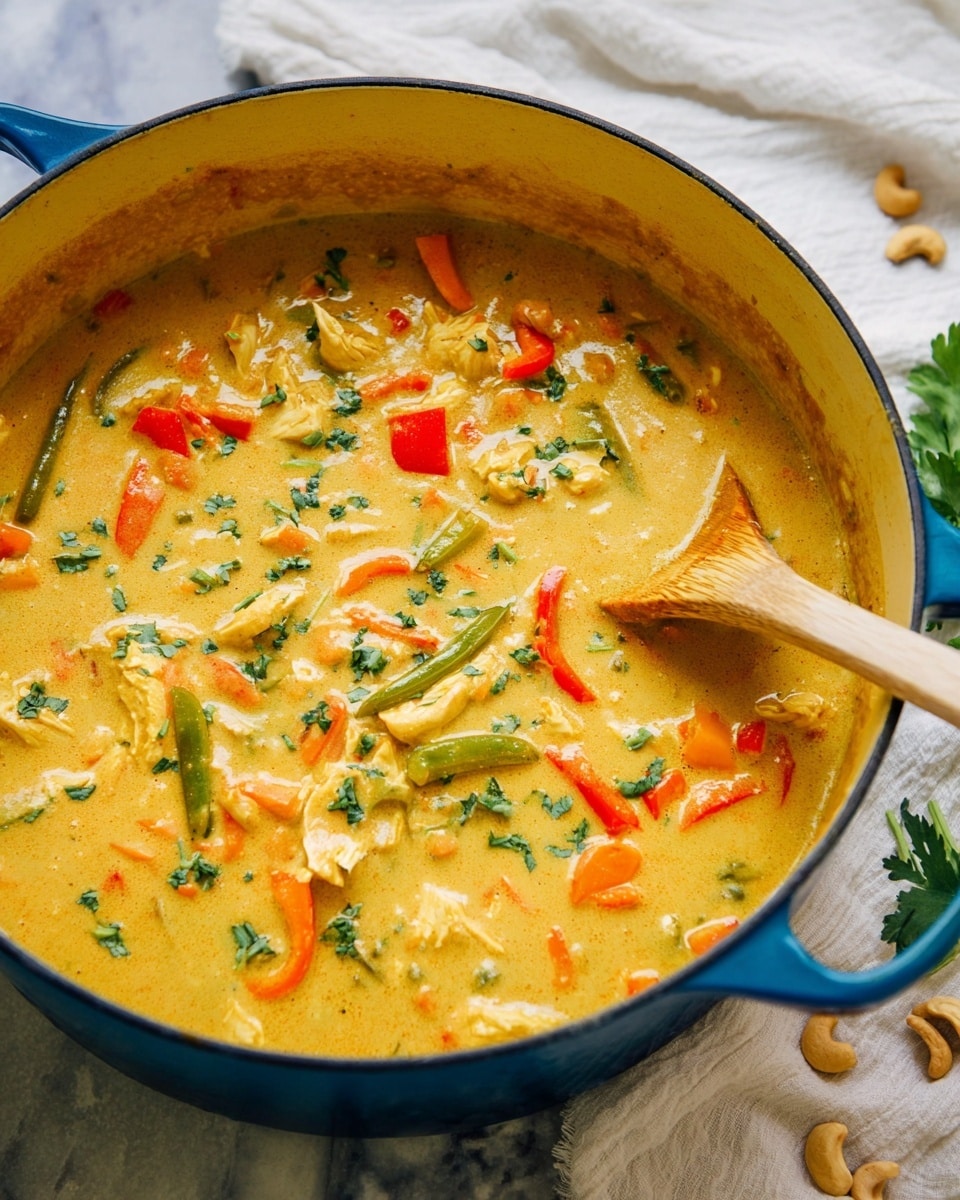 A large blue pot filled with thick, creamy yellow curry that has a smooth texture mixed with visible pieces of green and red bell peppers, orange carrot slices, and chunks of light-colored chicken. The curry is topped with small chopped green herbs and whole cashew nuts scattered around. A wooden spoon is partially inside the pot on the right side, stirring the curry. The pot sits on a white marbled surface with a soft white cloth nearby. Photo taken with an iphone --ar 4:5 --v 7