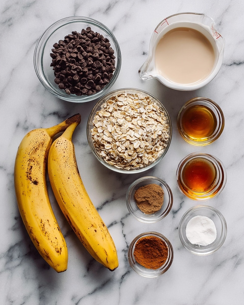 The image shows various ingredients placed on a white marbled surface: a clear glass bowl filled with dark chocolate chips at the top left, a clear glass measuring cup with light beige liquid at the top right, a white bowl at the bottom left filled with rolled oats, two ripe bananas with dark spots on the peel on the bottom right, and four small clear glass bowls scattered in between holding light brown sugar, a mix of orange-brown cinnamon and white powder, amber-colored honey, and golden vanilla extract. Each ingredient is neatly separated and clearly visible photo taken with an iphone --ar 4:5 --v 7