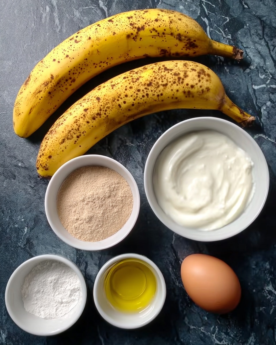 Two ripe yellow bananas with brown spots lie side by side on a dark surface next to five white bowls and one brown egg. The top right white bowl contains a light brown powder, the middle white bowl holds a smooth white creamy substance, the bottom left white bowl has clear golden oil, and the small white bowl near the center has white powder. The brown egg is positioned near the bottom right. The background is changed to a white marbled texture. photo taken with an iphone --ar 4:5 --v 7