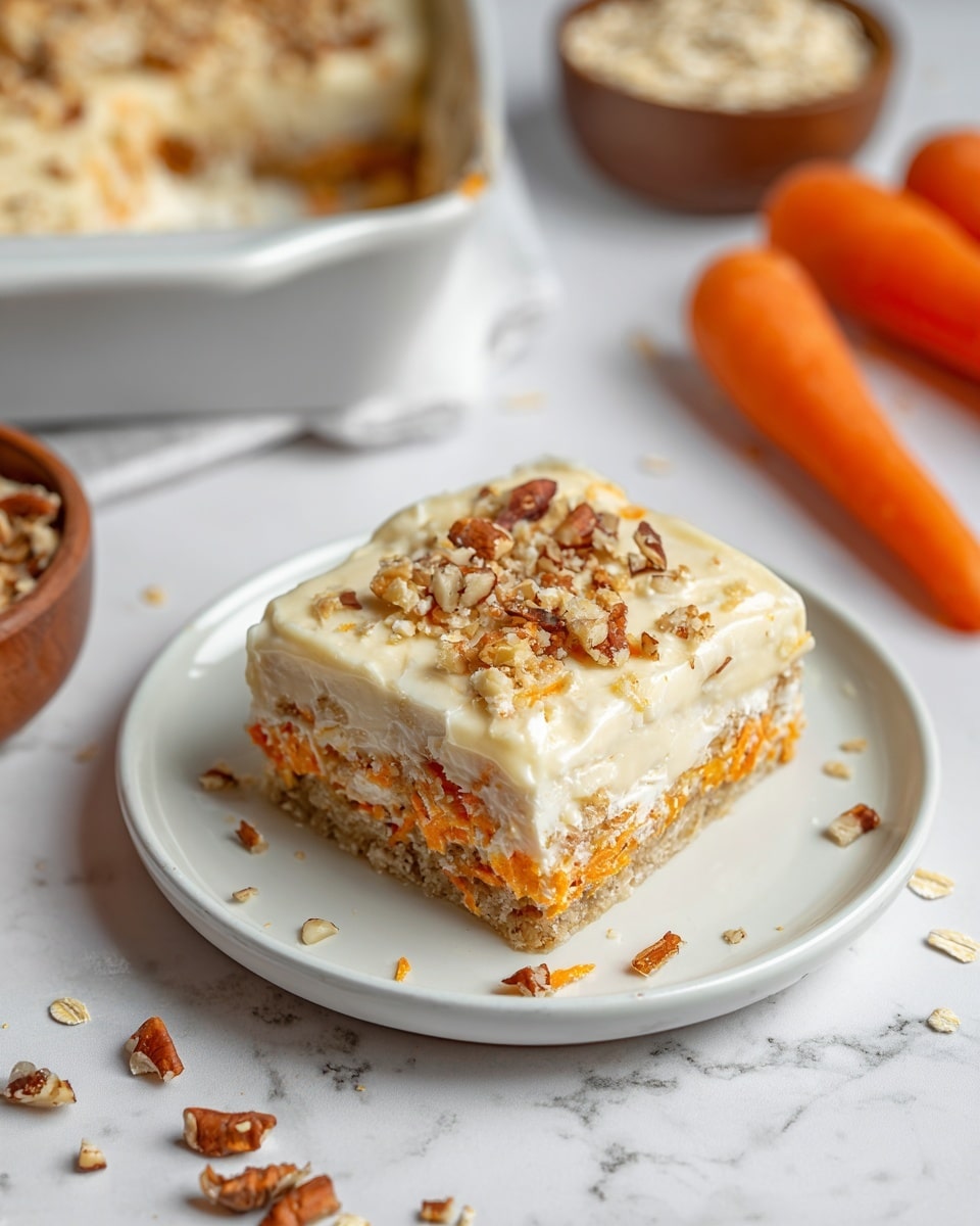 A square slice of a three-layer dessert sits on a white plate on a white marbled surface. The bottom layer looks soft and slightly brown with small bits of orange mixed in. The middle layer is thin and filled with shredded orange pieces, adding color contrast. The top layer is creamy and light beige, spread evenly and topped with chopped nuts scattered on the surface and around the plate. In the background, there are whole carrots, a bowl of oats, and a large baking dish containing the same dessert, slightly out of focus. photo taken with an iphone --ar 4:5 --v 7