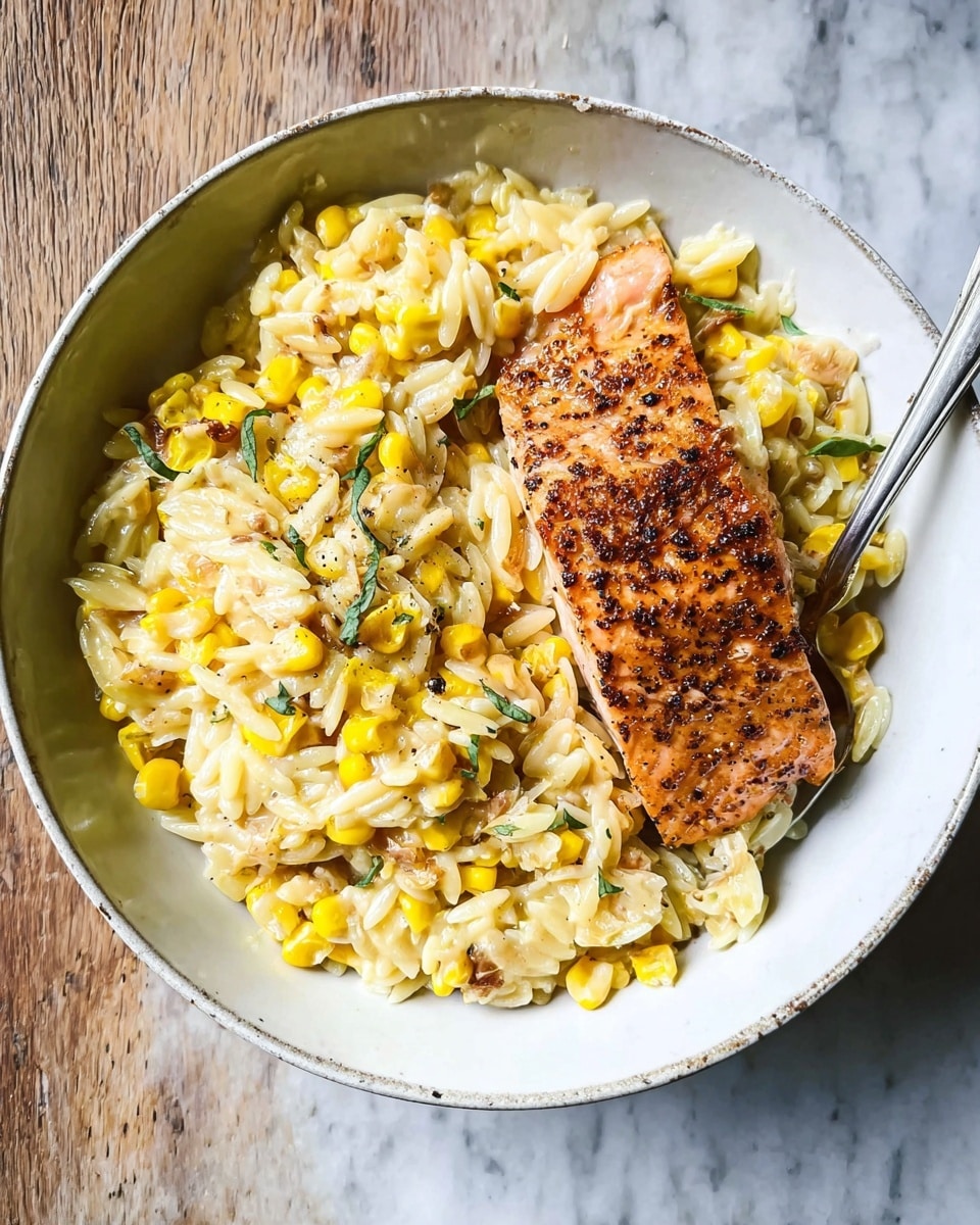 A white bowl filled with creamy orzo pasta mixed with bright yellow corn kernels, lightly seasoned with black pepper and small green herb leaves scattered on top. On the orzo, a golden brown piece of grilled salmon sits with a slightly crispy, textured surface, speckled with black pepper and herbs. To the right side inside the bowl, a silver spoon is partially visible resting in the orzo. The bowl is set on a white marbled surface. photo taken with an iphone --ar 4:5 --v 7