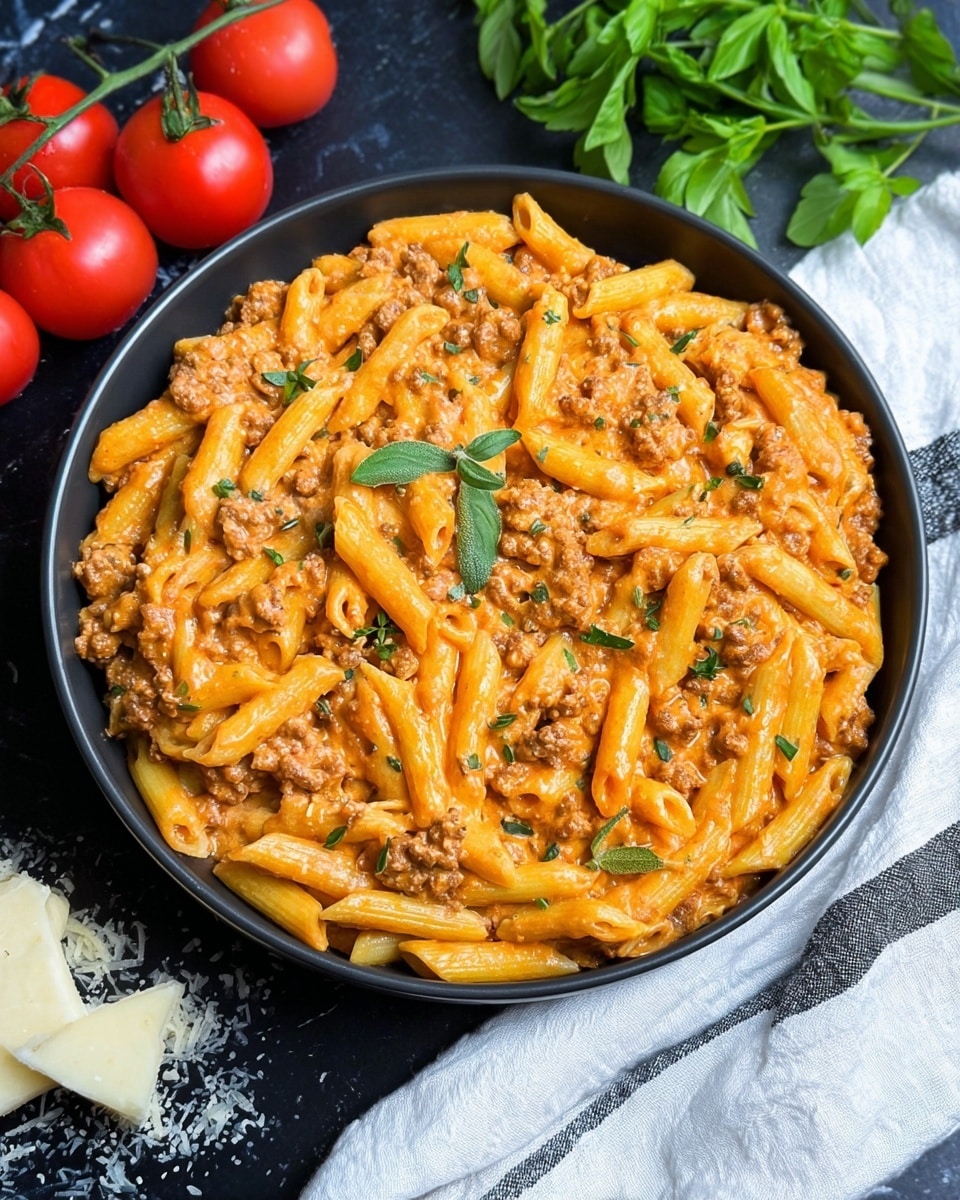 A black bowl filled with creamy orange pasta mixed with ground meat pieces, with the sauce evenly coating the penne pasta. Small green leaves are scattered on top as garnish. Around the bowl, red tomatoes, a chunk of cheese, and fresh green herbs sit on a dark surface with some white cheese shavings. A white cloth with black lines is next to the bowl. The background is a white marbled texture. photo taken with an iphone --ar 4:5 --v 7