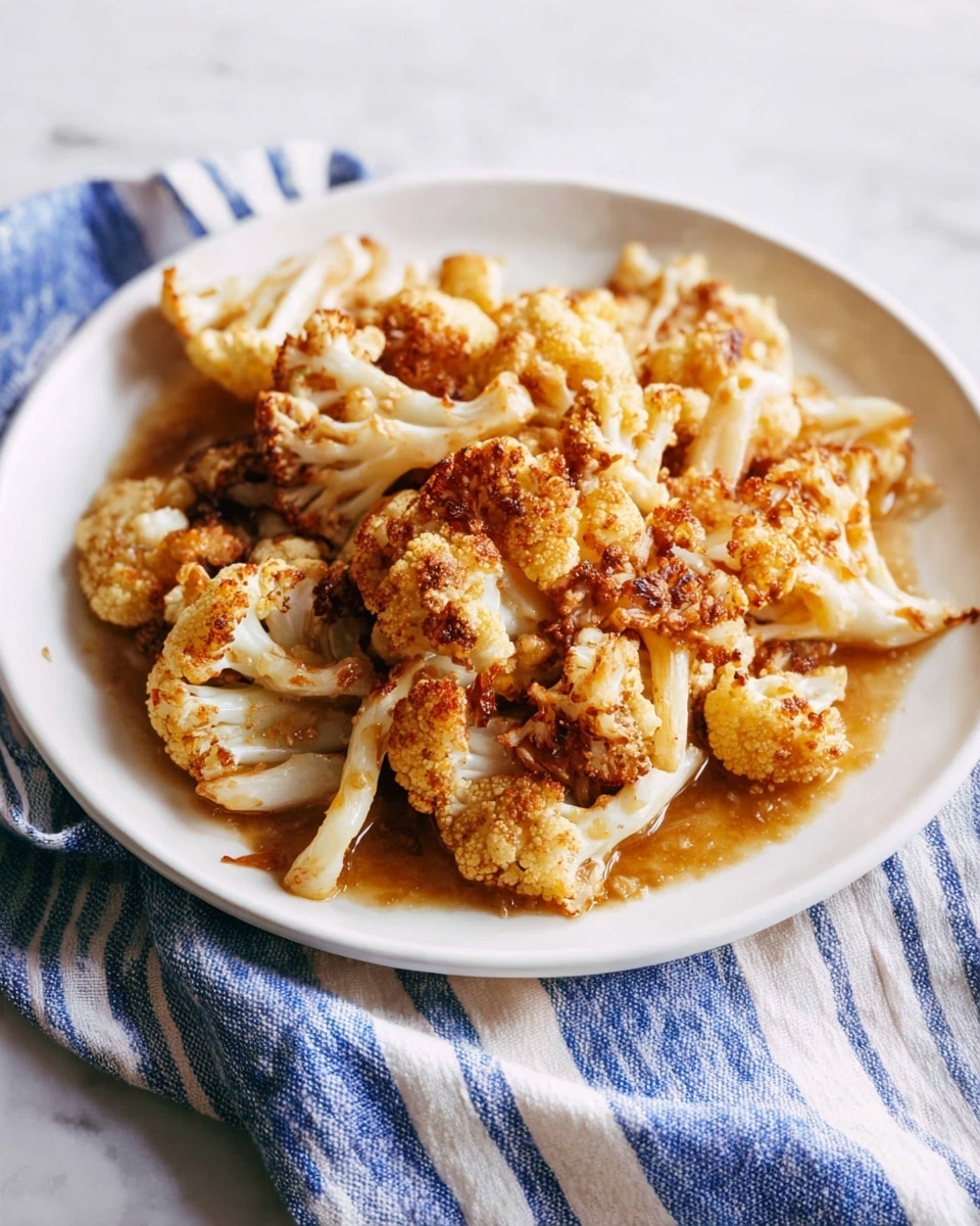 A white round plate is filled with roasted cauliflower florets that have a golden brown color with some darker crispy spots, soaked in a light brown sauce spread evenly around and partly beneath them. The cauliflower pieces show a rough texture with a slight char, highlighting the roasted effect. The plate rests on a blue and white striped cloth, all on a white marbled surface. photo taken with an iphone --ar 4:5 --v 7