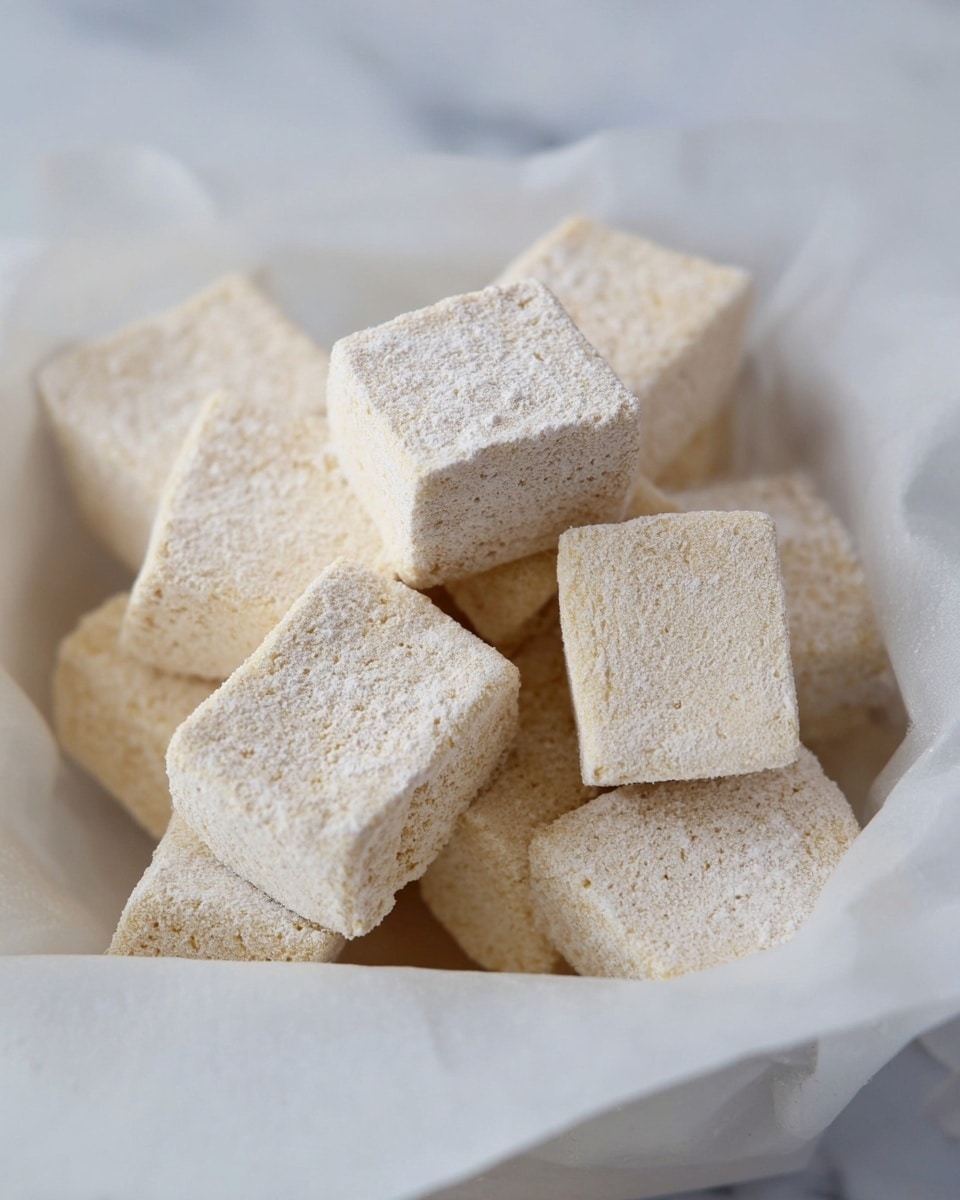 The image shows several light beige cubes with a powdery white coating, stacked closely together inside a white container or wrapper. Each cube has a rough, slightly grainy texture and soft edges, giving them a handmade look. The cubes are randomly piled, with some resting flat and others at slight angles. The setting has a clean, white marbled texture in the background. photo taken with an iphone --ar 4:5 --v 7