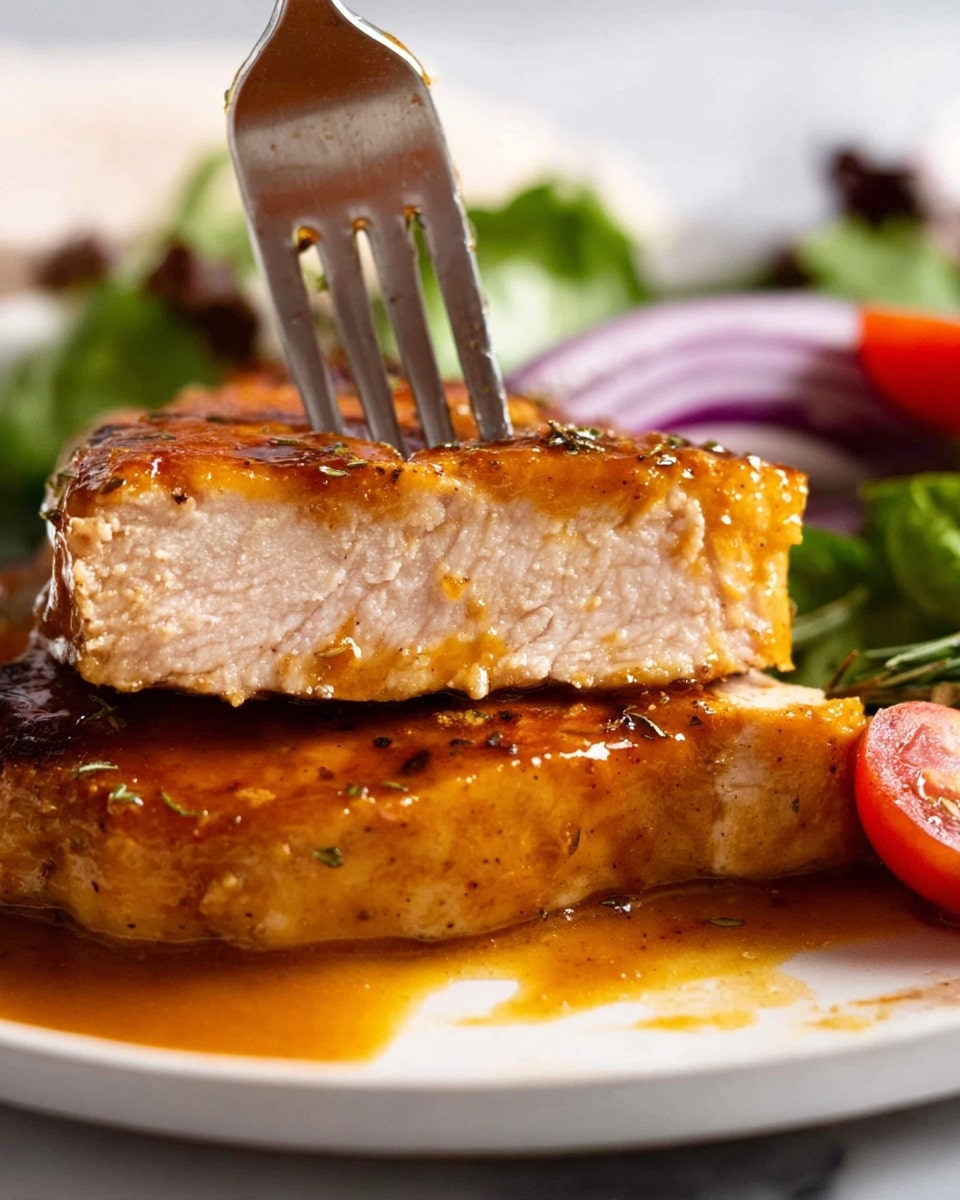 The image shows two thick layers of cooked chicken with a shiny, orange-brown sauce coating visible on both pieces. A fork pierces the top piece, revealing the juicy, light-colored meat inside. The chicken sits on a white plate with the sauce spreading around it. In the background, blurred, there are green leaves, a slice of purple onion, and some red cherry tomatoes, adding color contrasts to the dish. The plate is placed on a white marbled surface. photo taken with an iphone --ar 4:5 --v 7