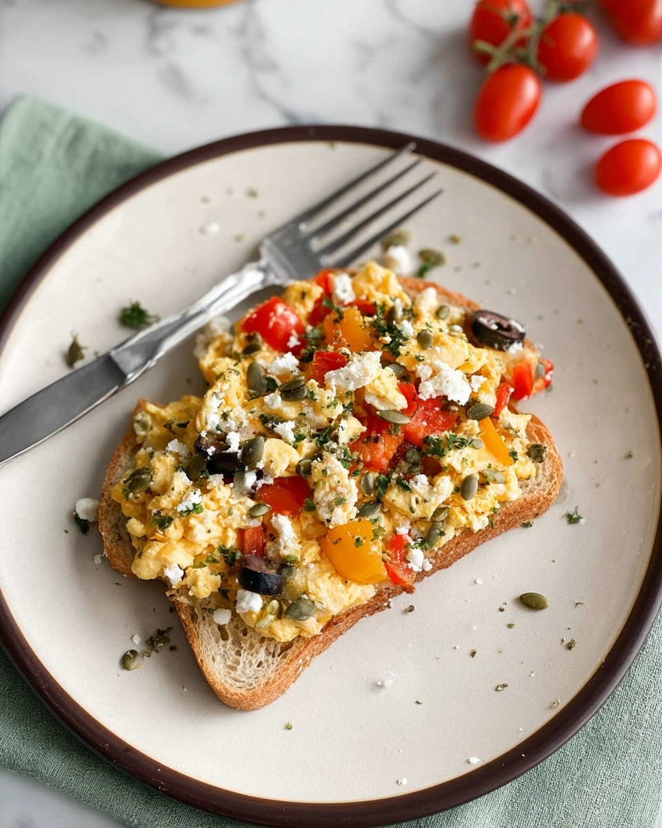 A single slice of toasted bread sits on a white plate with a dark rim, topped with a colorful mixture of scrambled eggs, chopped red and yellow bell peppers, black olive slices, crumbled white cheese, and scattered green herbs. The texture of the scrambled eggs is soft and slightly fluffy, blending with the small chunky pieces of vegetables and cheese, while pumpkin seeds are scattered on top adding a textured contrast. To the side, a silver fork rests partly on the plate, and the background shows a white marbled surface with a light green cloth underneath the plate and small clusters of red cherry tomatoes nearby. Photo taken with an iphone --ar 4:5 --v 7