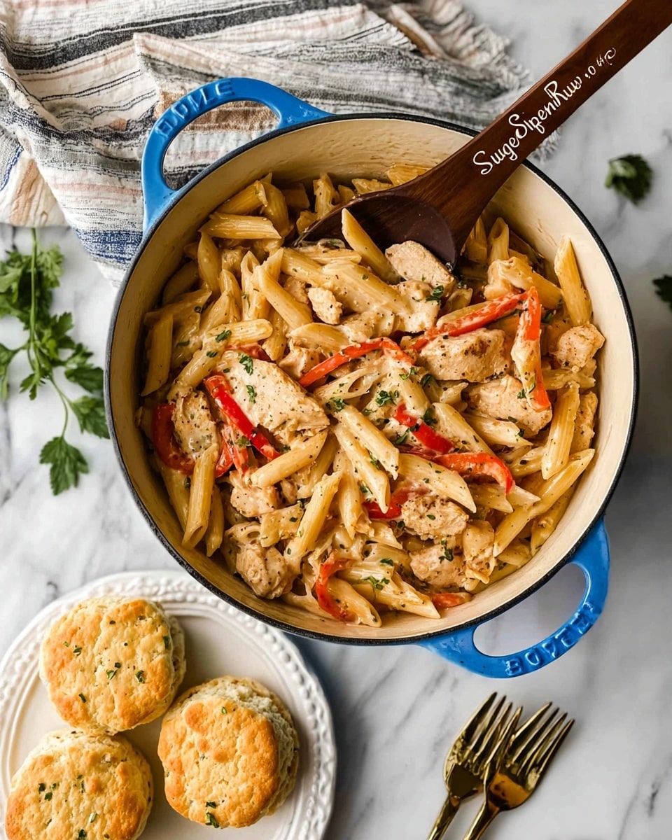 A round white pot with blue handles holds a creamy pasta dish made with penne, pieces of cooked chicken, and strips of red and orange bell peppers mixed throughout. The pasta is coated in a light sauce with small herbs sprinkled on top. A wooden spoon with