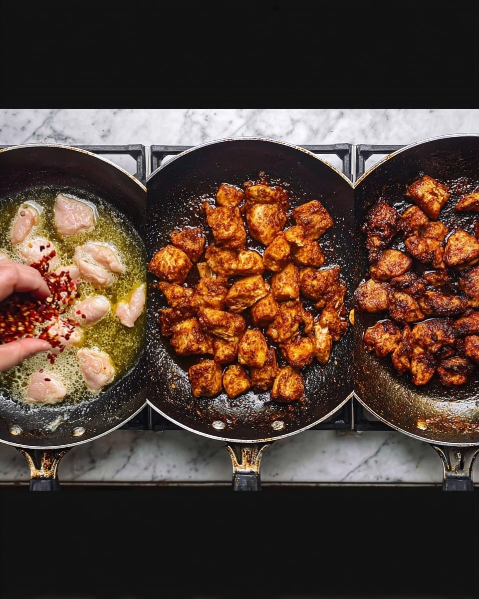 The image shows three frying pans lined up on a stove, each with different stages of cooking chicken pieces. The left pan has raw pale pink chicken pieces in melted butter with red chili flakes being added by a woman's hand, the center pan shows the chicken browned with a rough orange spice coating, and the right pan has the chicken well-cooked darker brown with more spice residue visible around the edges. The background is a white marbled texture photo taken with an iphone --ar 4:5 --v 7