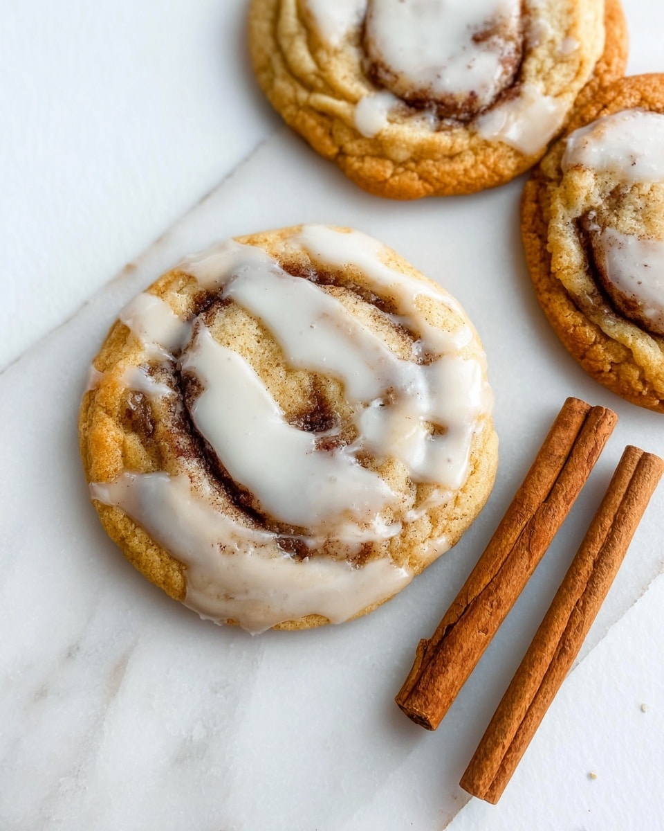 The image shows three cinnamon swirl cookies placed on a white marbled surface, each cookie round with a soft golden-brown color and a visible swirl of darker cinnamon inside. A smooth layer of white icing is drizzled unevenly over the top of the cookies, creating a glossy contrast to the baked dough. Two cinnamon sticks lie parallel next to the cookies, adding a rustic touch to the scene. The cookies look soft and freshly baked, with slight cracks on the surface revealing their texture, photo taken with an iphone --ar 4:5 --v 7