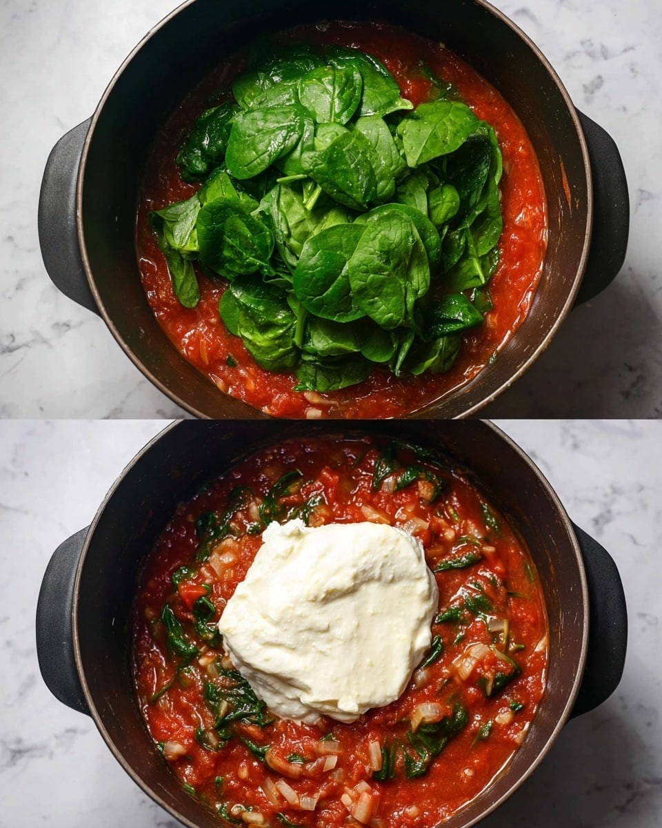 The image shows a black cooking pot with two stages of a dish inside it. In the first stage, there is a thick red tomato sauce with small chopped onions and garlic visible, covering the bottom of the pot, and on top of this sauce, a fresh layer of bright green spinach leaves is placed. In the second stage, the spinach is mixed into the tomato sauce, creating a reddish-green textured layer with small bits of onion visible, and on top of this mixture, there is a smooth, white dollop of ricotta cheese placed in the center. The pot is placed on a surface with a white marbled texture. photo taken with an iphone --ar 4:5 --v 7