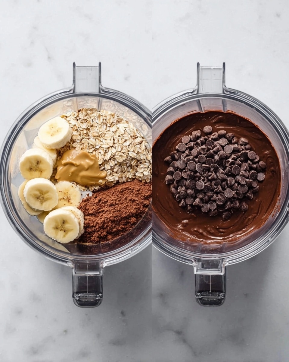 The image shows two clear blender containers placed side by side on a white marbled surface. The left blender contains raw ingredients arranged in sections: sliced banana pieces in the bottom front, small rolled oats on the left, brown cocoa powder on the top right, and a dollop of nut butter near the bottom center. The right blender shows a darker thick chocolate mixture with a pile of shiny dark chocolate chips sitting on top in the center. Both blenders have visible blades at the bottom and transparent lids. Photo taken with an iphone --ar 4:5 --v 7