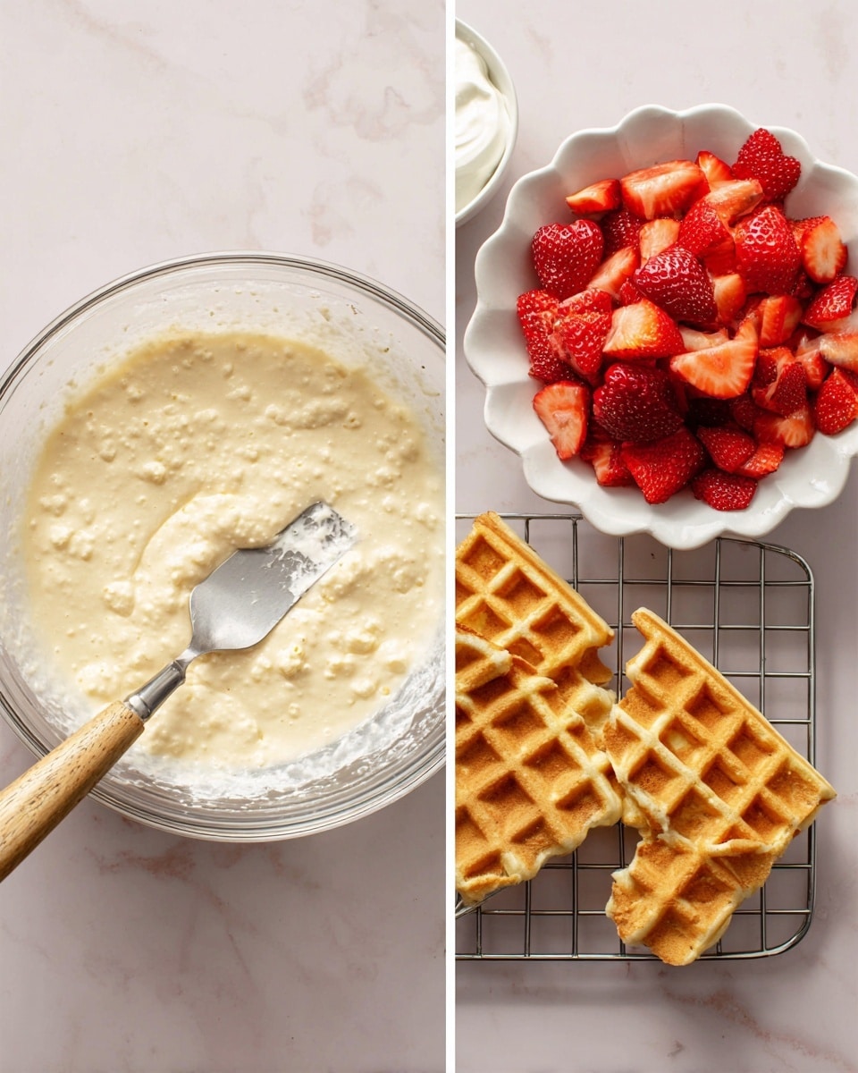The image shows two side-by-side scenes on a white marbled surface. On the left is a clear glass bowl filled with a thick, pale yellow batter with small lumps, and a spatula with a wooden handle resting inside it. On the right side, there is a white scalloped bowl filled with bright red sliced strawberries with a metal spoon. Above the bowl, there is a small white bowl filled with smooth whipped cream, and to the left of the bowl, a cooling rack holds four golden-brown waffles with distinct grid patterns. Photo taken with an iphone --ar 4:5 --v 7