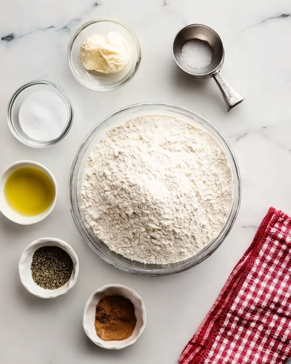 The image shows a clear glass bowl full of white flour in the center on a white marbled surface. Around it are small clear glass bowls with ingredients: white sugar, dry yeast, water, and olive oil in a small brown bowl at the bottom. There is also a small white bowl holding black pepper and a small amount of garlic paste. A silver measuring cup is near the flour bowl, and a red and white checked cloth is placed on the right side. The setup is clean and simple, all items are placed clearly on the white marbled background. Photo taken with an iphone --ar 4:5 --v 7