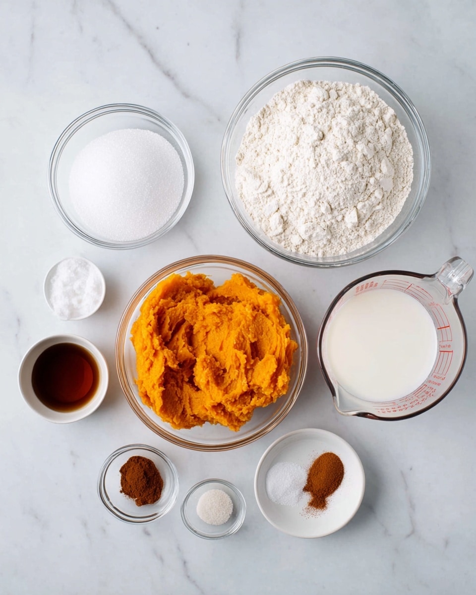 The image shows seven clear glass bowls on a white marbled surface, each holding a different baking ingredient. The largest bowl in the center contains bright orange mashed sweet potatoes with a smooth yet slightly textured surface. To the left, a smaller bowl is filled with white granulated sugar. Above that, a medium-sized bowl holds a heap of white flour with a soft, powdery texture. On the top right sits a small bowl with white baking powder. Next to it is a clear measuring cup filled with a white liquid, likely milk, with measuring marks visible in red. At the bottom left, a tiny bowl holds a dark amber liquid, likely vanilla extract. Near this bowl is another small dish containing reddish-brown cinnamon powder and some white granules, possibly salt. photo taken with an iphone --ar 4:5 --v 7