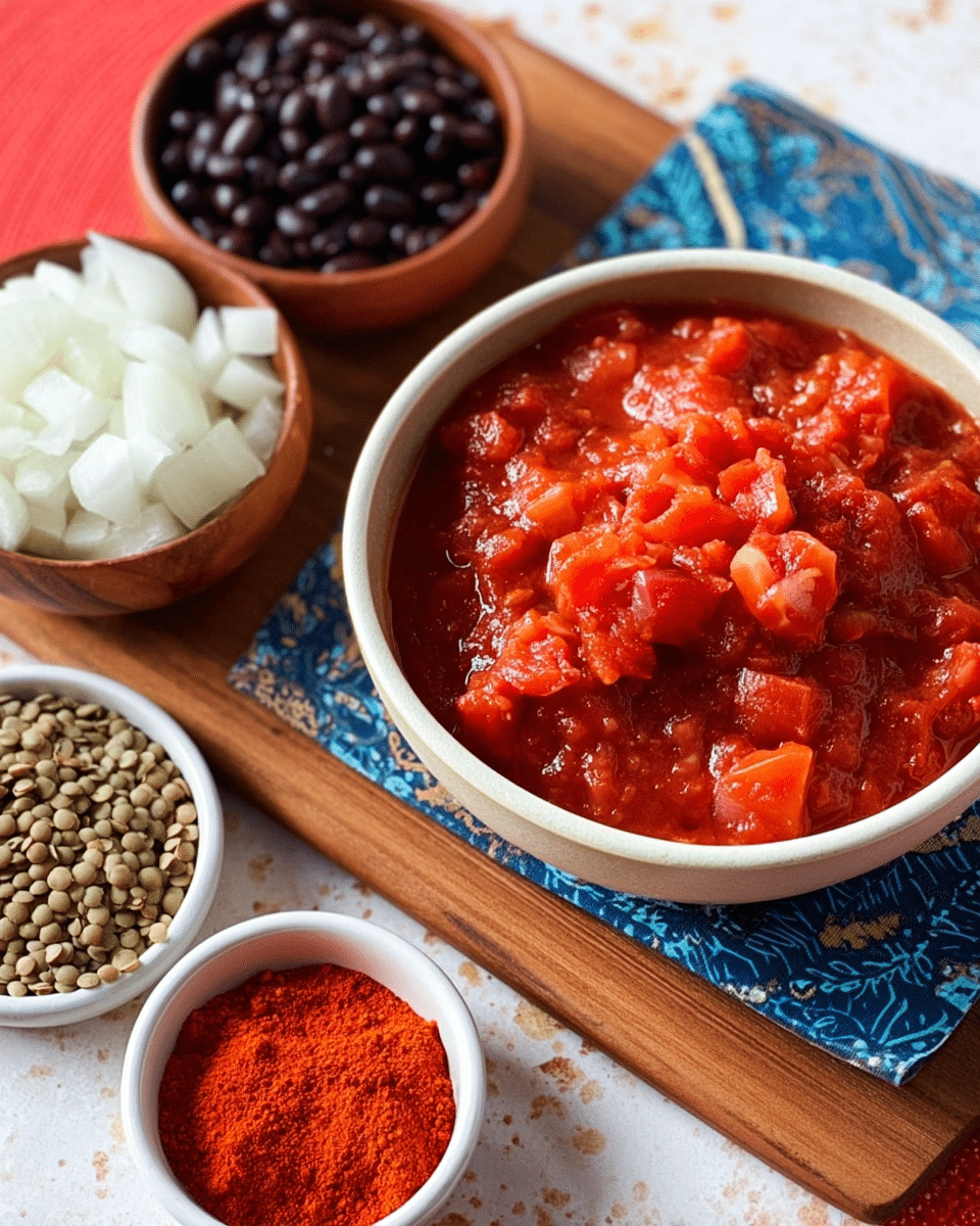 The image shows a close-up of a white bowl filled with a chunky, bright red tomato sauce featuring soft tomato pieces on top. The bowl sits on a blue patterned cloth napkin, placed on a wooden cutting board. To the left of the bowl are small portions of diced white onions and black beans in a white bowl. Below the main bowl, there is a small white bowl with bright red powder and another white bowl filled with light green lentils. The surface beneath everything is a white marbled texture with a small visible part of a red placemat. photo taken with an iphone --ar 4:5 --v 7