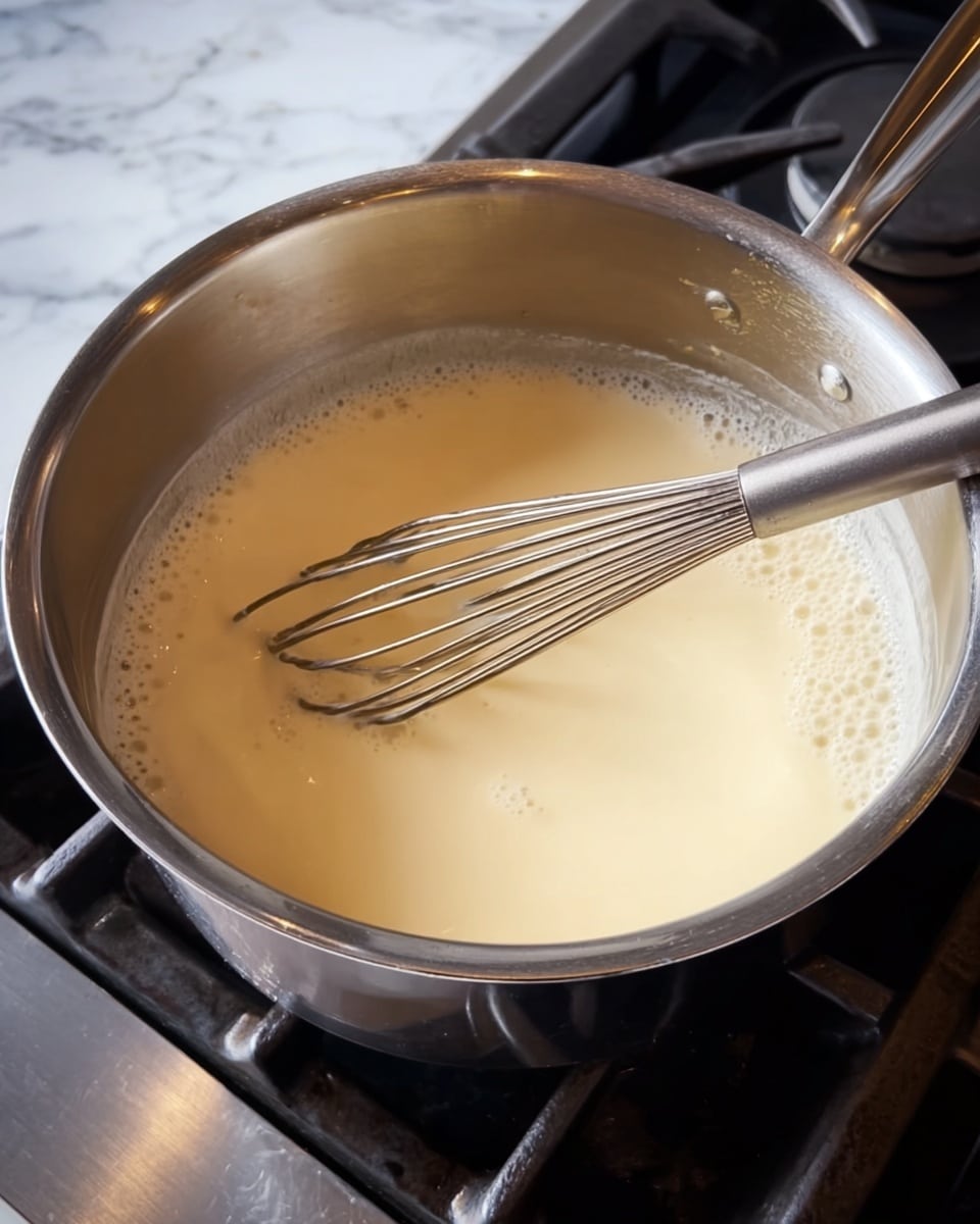 A close-up image shows a silver cooking pot on a stove with a whisk inside stirring a light cream mixture. The mixture is smooth, pale yellow, and slightly thick. The pot’s shiny metal surface reflects light, and the stove beneath it is black with visible burner grates. The background includes a white marbled countertop. The metal whisk has thin wires and a silver handle, partially submerged in the creamy mixture. photo taken with an iphone --ar 4:5 --v 7