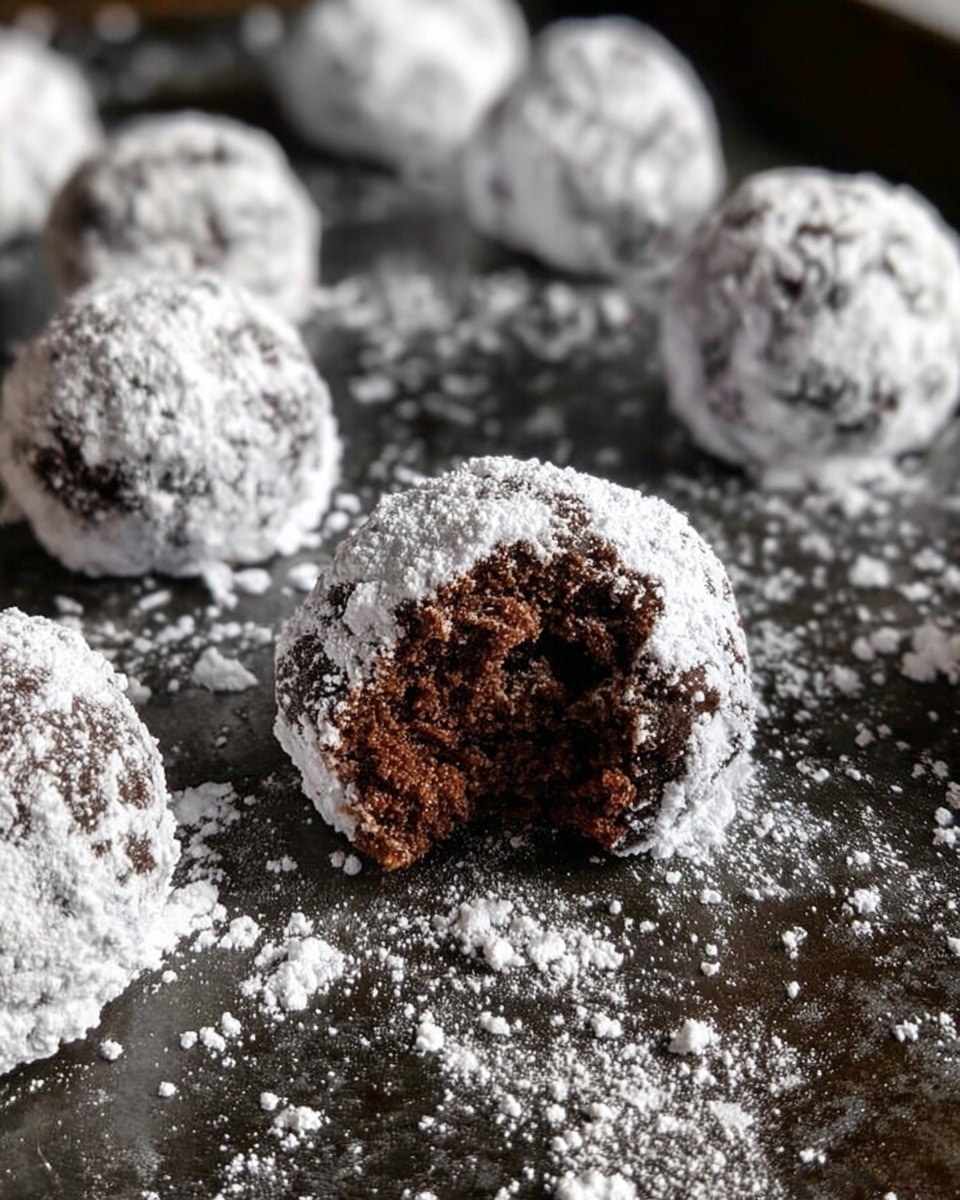 The image shows small round chocolate cookies covered in powdered sugar, arranged on a dark metal baking sheet. One cookie is held by a woman's hand close to the camera, with the inside texture visible, showing a dark brown, soft, and moist crumb. The powdered sugar covers the cookies unevenly, giving them a crackled appearance. Some powdered sugar is scattered on the baking sheet around the cookies. The background is a white marbled surface. Photo taken with an iphone --ar 4:5 --v 7