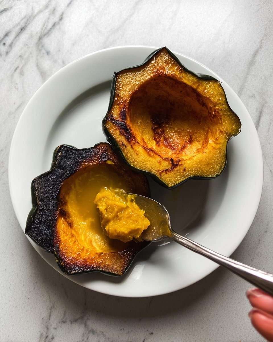 On a white plate, there are two pieces of a roasted acorn squash. One piece is hollowed out, showing a deep, caramelized brown center with charred edges in dark green skin that curves outward unevenly like flower petals. The other piece is a scoop of soft yellow-orange flesh with a smooth texture resting inside a shiny spoon. The plate sits on a white marbled surface. A woman's hand holds the spoon, digging into the soft squash flesh. photo taken with an iphone --ar 4:5 --v 7