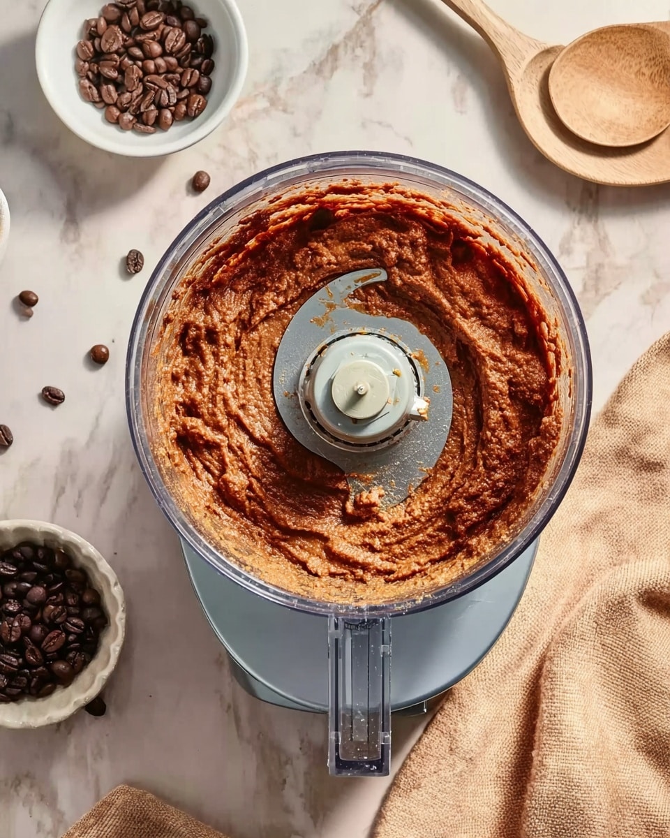 A clear food processor bowl holds a thick reddish-brown paste spread evenly around the inner edge. The paste looks textured and slightly chunky with visible bits and a moist shine. The center of the bowl shows a sharp metal blade with some paste stuck around it. The food processor base is silver and sits on a white marbled surface. Near the food processor are small dark brown coffee beans scattered and a small white bowl filled with dark chocolate chips. Next to the processor is a pale wooden spoon resting on a beige cloth. The overall scene has soft, natural lighting. photo taken with an iphone --ar 4:5 --v 7