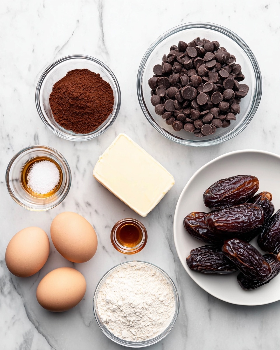 Several ingredients are arranged on a white marbled surface in clear glass bowls and a white plate with a block of butter. The largest bowl contains many dark brown dates with a wrinkled texture, positioned on the right side. Above that, a medium bowl is filled with shiny dark brown chocolate chips. To the left, a smaller bowl holds fine cocoa powder with a matte finish. Near the center, a tiny bowl contains a small amount of amber-colored vanilla extract. Another small bowl next to it holds white powder, likely baking powder or flour. On the left side of the frame, four light brown eggs with a smooth texture are placed directly on the surface. A small clear bowl with salt is seen near the dates. The butter block sits centrally on a clean white plate. The photo is taken with an iphone --ar 4:5 --v 7