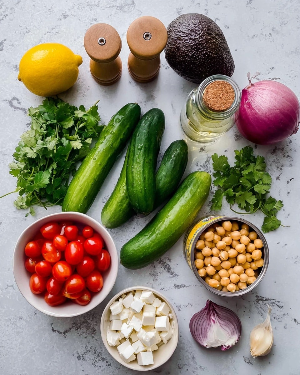 The image shows fresh ingredients laid out on a white marbled surface for making a salad or similar dish. There are three green cucumbers with smooth skins placed next to vibrant green cilantro leaves. A whole yellow lemon and a dark purple avocado are positioned near two wooden salt and pepper shakers. A small clear glass bottle with a cork stopper is nearby, alongside an open can of chickpeas with golden beans visible inside. Two white bowls are filled with different items - one holds bright red grape tomatoes, and the other is filled with white cubes of cheese. A small garlic clove and a red onion add more color to the arrangement. The items are well spaced and brightly lit. photo taken with an iphone --ar 4:5 --v 7
