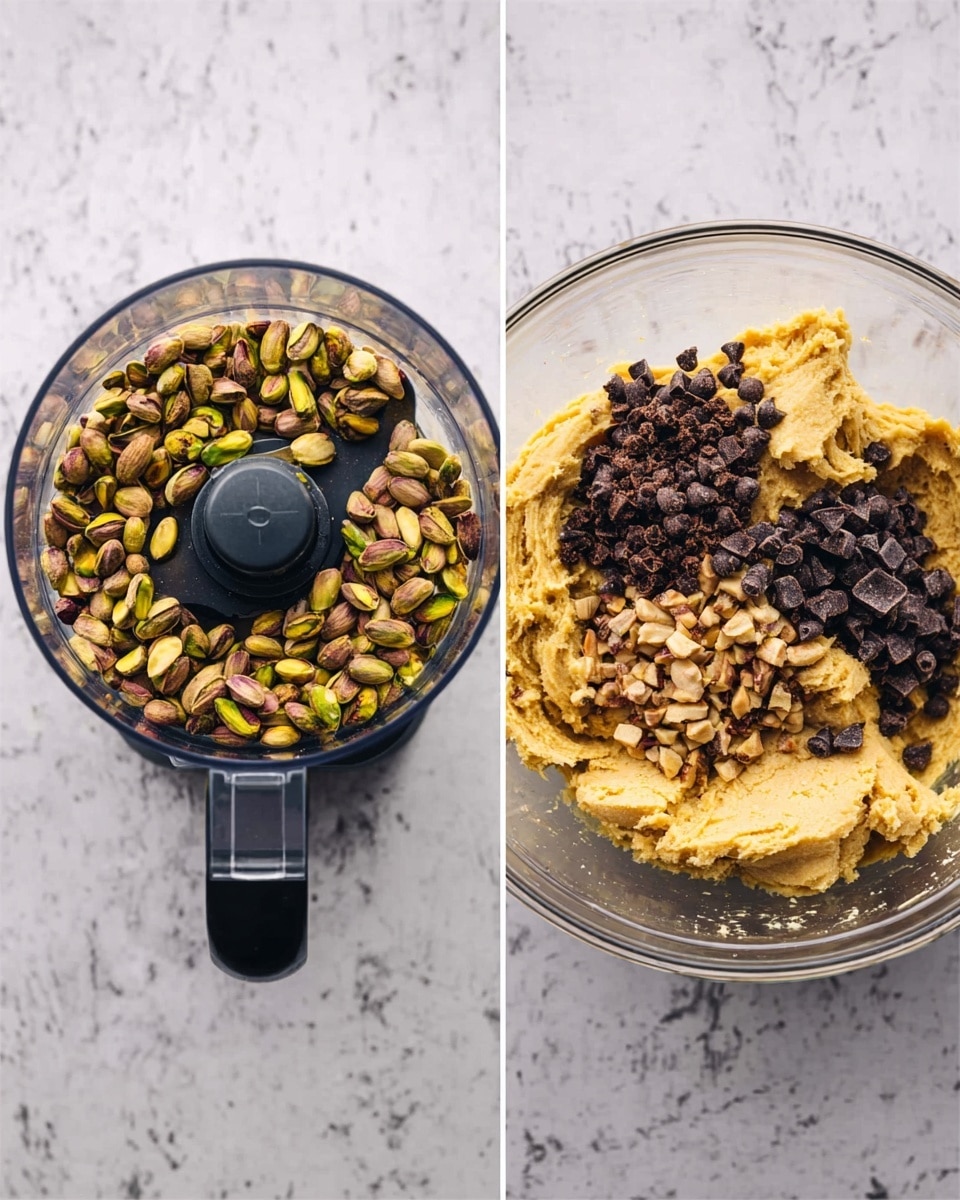 The image shows two side-by-side photos on a white marbled surface. On the left, there is a clear food processor bowl with a black center blade and handle, containing whole roasted pistachios piled in a circle. On the right, a clear glass mixing bowl filled with yellowish cookie dough with three separate piles on top: chopped pistachios, small dark chocolate chips, and dark chocolate chunks. The textures contrast with the smooth dough and rough nuts and chocolate pieces. photo taken with an iphone --ar 4:5 --v 7