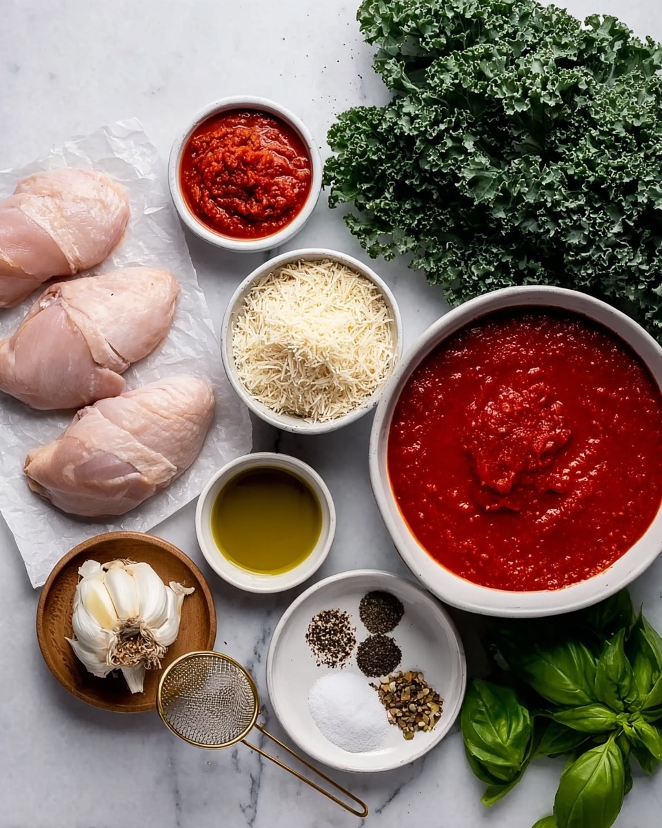 The image shows several ingredients carefully arranged on a white marbled surface. On the left, three raw chicken pieces lie on a piece of parchment paper, topped by a small white bowl of red tomato paste and a larger white bowl of light brown grated cheese. To the right, a large white bowl filled with bright red tomato sauce sits near a small white bowl of golden olive oil. Around these bowls are fresh green kale leaves at the top and fresh basil leaves at the bottom right. Next to the tomato sauce, a small wooden bowl holds minced garlic, and a round white plate holds various spices including black pepper, white salt, chili flakes, and brown seeds. Above this plate is a gold mesh strainer filled with white sugar. The colors are vibrant and the ingredients are neatly placed on the clean white marbled surface photo taken with an iphone --ar 4:5 --v 7
