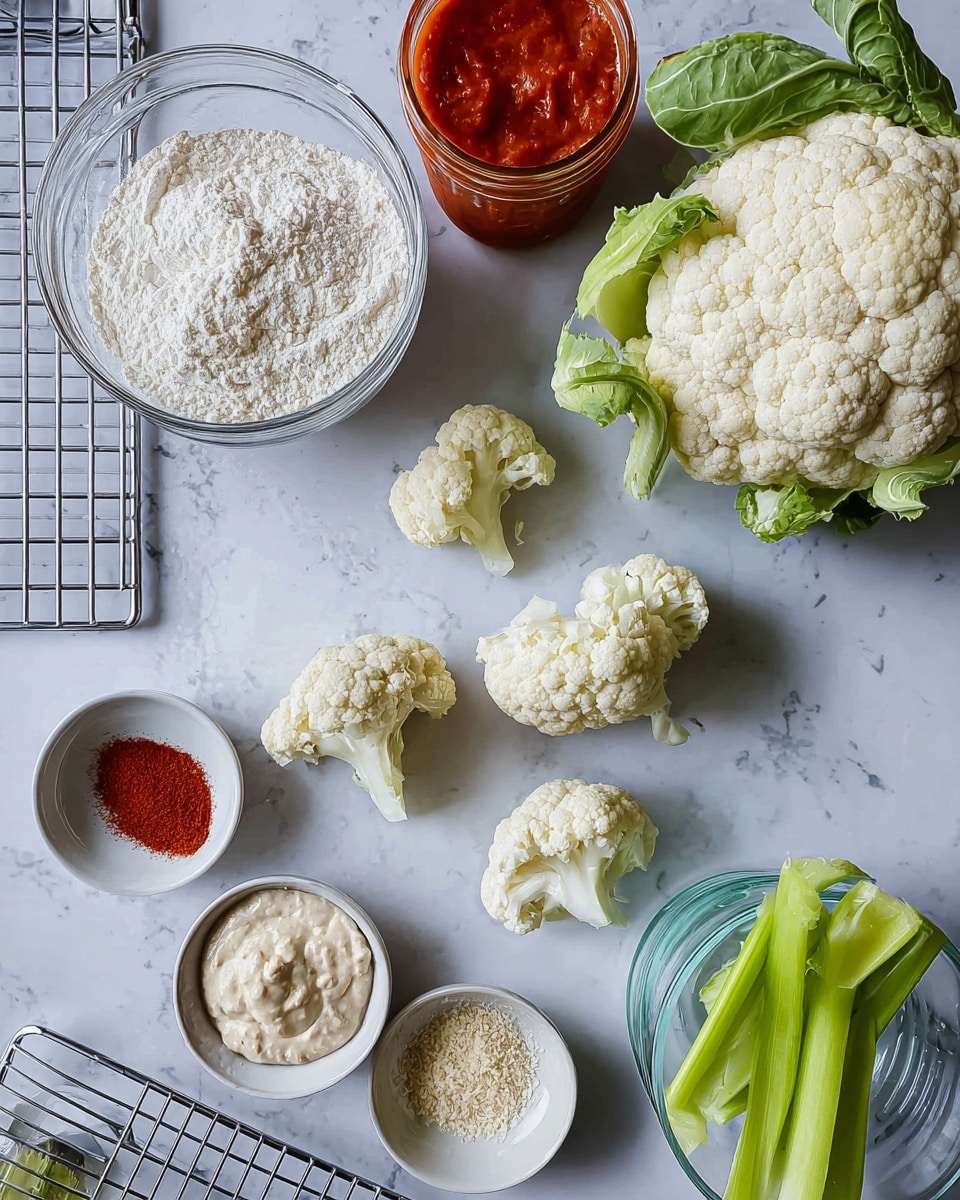 The image shows several layers of ingredients on a white marbled surface. Starting from the top left, there is a clear bowl filled with white flour, next to a jar of bright red sauce. To the right, a whole cauliflower head with green leaves is placed. Scattered below are several white cauliflower florets with a rough texture. Near the center bottom left, a small white bowl holds a creamy, pale dip with specks of herbs. Nearby are several small bowls: one contains red powder, another light beige breadcrumbs, and a third white powder. In the bottom right, a clear glass cup holds a few bright green celery sticks standing upright. On the left edge, part of a metal cooling rack is visible. photo taken with an iphone --ar 4:5 --v 7