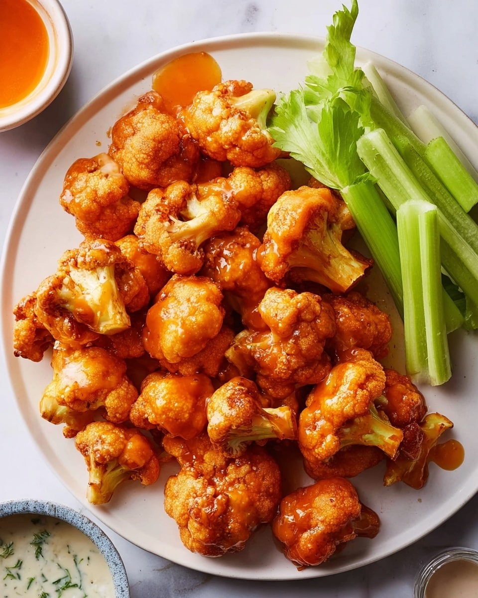 A white plate holds around a dozen golden-orange fried cauliflower pieces coated in a shiny sauce, piled loosely on the left side; on the right side, three fresh green celery sticks with leafy tops rest neatly beside the cauliflower. Nearby are small bowls of orange sauce and a creamy white sauce with herbs on a white marbled surface. The cauliflower texture looks crispy and saucy, and the celery adds a fresh contrast. photo taken with an iphone --ar 4:5 --v 7