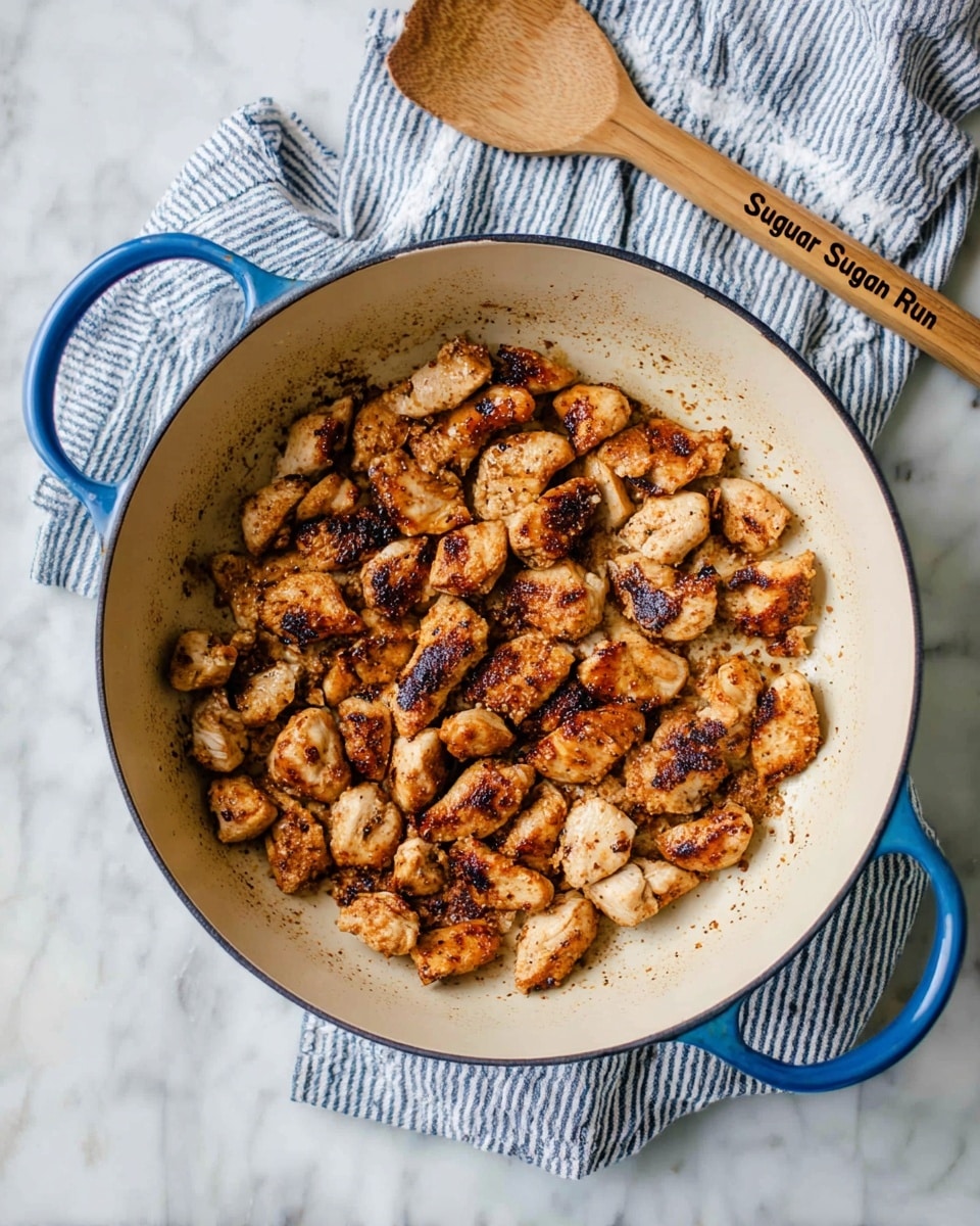 The image shows a large round white pan with blue handles, filled with small pieces of cooked browned chicken scattered evenly inside. The chicken pieces have a golden-brown texture with some darker charred spots, and they sit against the light beige interior of the pan. The pan rests partly on a blue and white striped cloth, and the background is a white marbled surface. A wooden spoon lies diagonally near the top of the image with the words