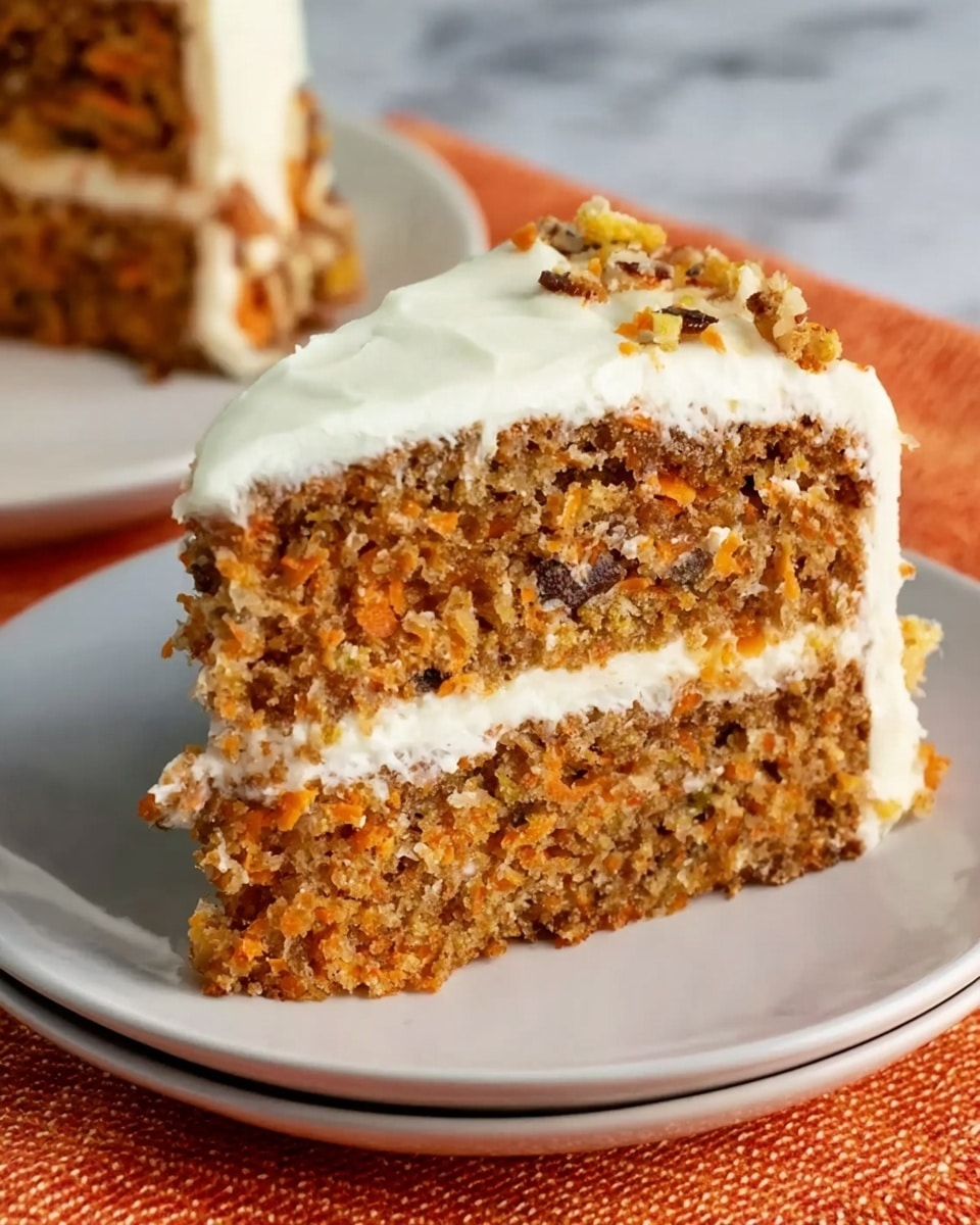 A slice of two-layer carrot cake rests on a white plate. Each cake layer is dense and textured with visible orange carrot shreds and small dark specks, likely nuts or raisins. Between the layers is a thick, creamy white frosting that also covers the outside sides smoothly. The plate is set on a white marbled surface with an orange textured cloth in the background. Photo taken with an iphone --ar 4:5 --v 7