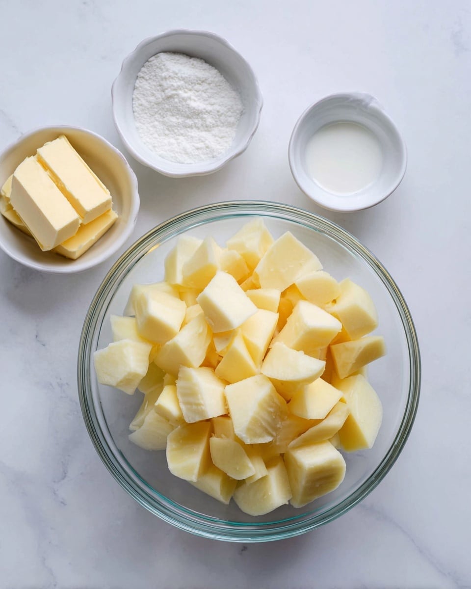 A clear glass bowl sits in the center filled with peeled potato cubes that are pale yellow in color and have smooth textures. To the left, three small white bowls hold different ingredients: one with a few thick slices of light yellow butter, another with a white powdery substance, and the third containing white liquid. All this rests on a white marbled surface. photo taken with an iphone --ar 4:5 --v 7