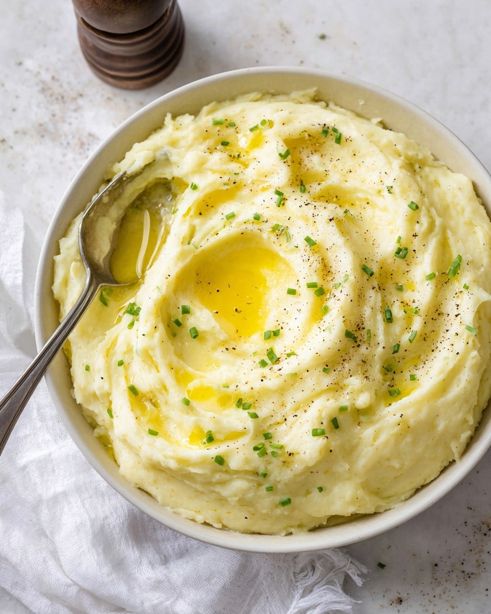 A large bowl of smooth mashed potatoes fills the frame, showing soft, creamy texture with swirls on top. The mashed potatoes are pale yellow with a small pool of melted butter in the center creating a shiny, golden highlight. Tiny green chive pieces are scattered on top, adding small pops of color along with lightly cracked black pepper sprinkled over the surface. A silver spoon is partially buried in the mash on the left side of the bowl. The bowl is white, set against a white marbled surface with a white cloth nearby. In the background, a tilted pepper shaker is visible. Photo taken with an iphone --ar 4:5 --v 7