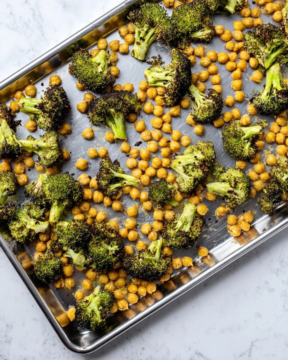 A large silver baking tray is filled with scattered roasted chickpeas and broccoli florets. The broccoli pieces are bright green with some charred dark spots, showing a roasted texture. The chickpeas are golden yellow with a slightly crisp, roasted look, evenly placed around the broccoli on the tray. The tray sits on a white marbled surface, creating a clean and simple background. photo taken with an iphone --ar 4:5 --v 7