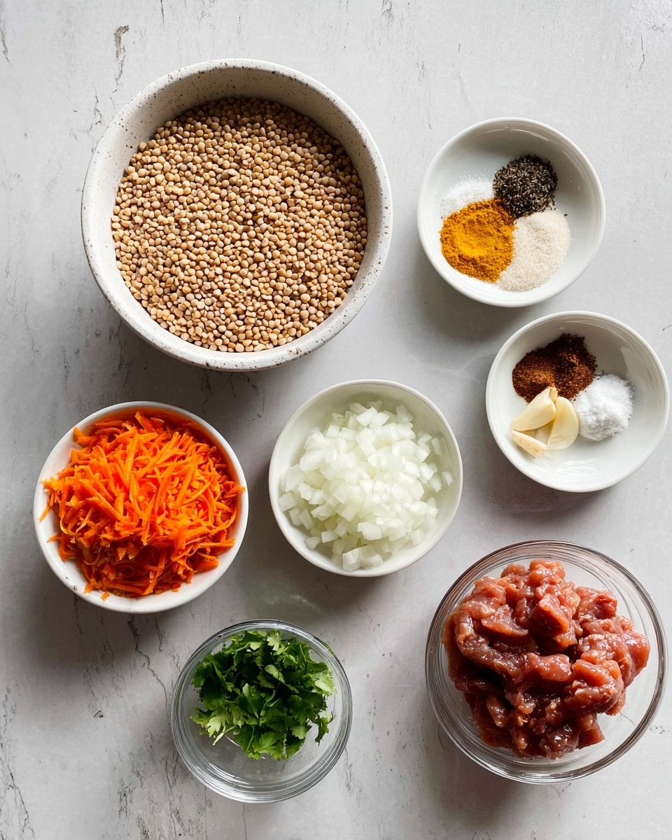 The image shows six bowls with ingredients on a white marbled surface. The top left holds a large white bowl filled with small beige round seeds or grains. To its right is a medium white bowl with various spices: white salt, bright yellow turmeric, dark brown cinnamon, black pepper, and some pale chunks of garlic or ginger. Below the grains is a small white bowl filled with chopped white onions. To the bottom left is another small white bowl containing bright orange shredded carrots. Next to the carrots is a tiny white bowl with fresh green herb leaves. On the right side, there is a clear glass bowl containing raw red-brown marinated meat pieces. Photo taken with an iphone --ar 4:5 --v 7