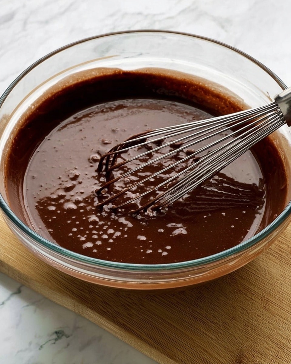 A clear glass bowl filled almost to the top with smooth, dark brown chocolate batter that has a slightly shiny, thick texture with tiny bubbles on the surface. A silver metal whisk is resting inside the bowl, coated in the same chocolate batter, and the glass bowl is placed on a white marbled surface. Photo taken with an iphone --ar 4:5 --v 7
