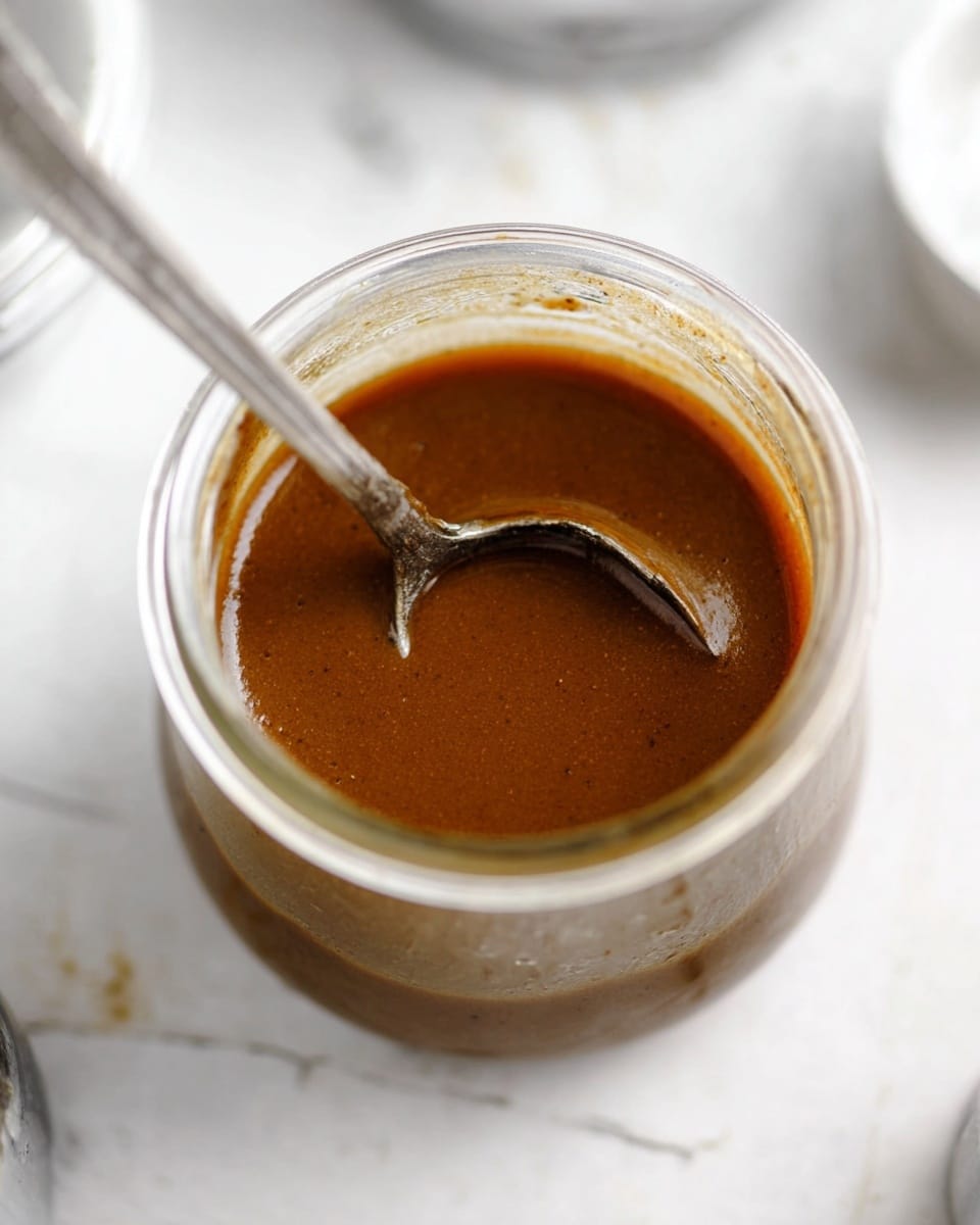 A glass jar filled with a smooth, thick brown sauce showing a slightly glossy texture on the surface. Inside the jar, a small silver ladle rests with its bowl partially submerged in the sauce, showing signs of use. The jar is placed on a white marbled surface, with blurred parts of other kitchen items around the edges of the image, creating a clean and simple setting. photo taken with an iphone --ar 4:5 --v 7
