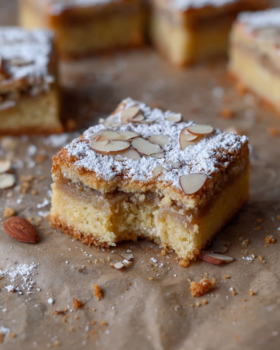 The image shows a square piece of almond cake with three layers: the bottom layer is a light golden-brown soft cake, the middle layer is a slightly darker almond filling, and the top layer is a thin crunchy crust covered with powdered sugar and sprinkled with almond slices. The square has a bite taken out of one side, revealing the textures inside. The cake is placed on a brown parchment paper with scattered almond slices and crumbs around it. More pieces of the cake are blurred in the background on the same parchment surface. photo taken with an iphone --ar 4:5 --v 7
