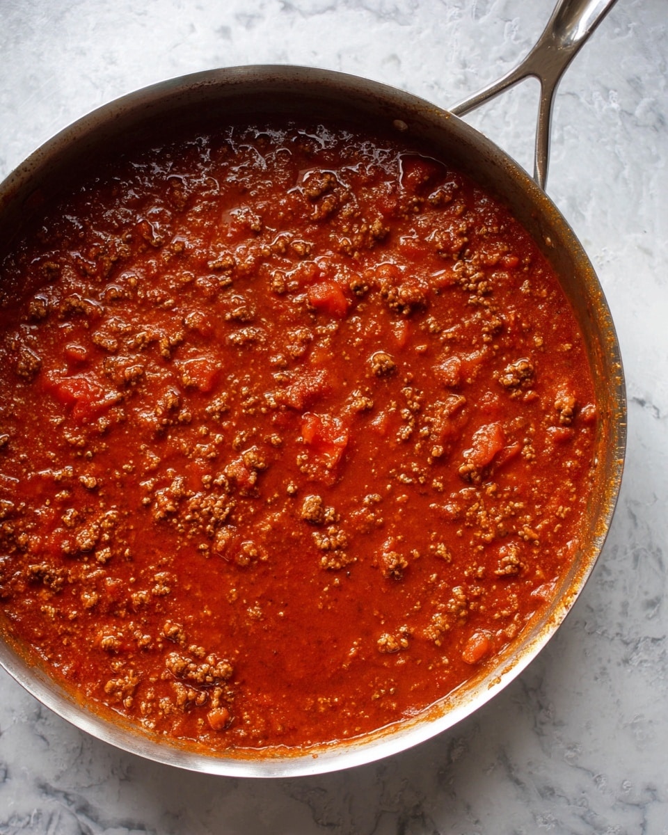 A close-up top view of a large metal pan filled with a thick, rich red-brown meat sauce. The sauce has visible small chunks of browned ground meat mixed evenly throughout, with some tomato pieces adding a splash of brighter red. The texture is slightly oily with a glossy surface, showing the sauce simmering gently. The pan handle is visible and the pan sits on a white marbled texture surface. Photo taken with an iphone --ar 4:5 --v 7