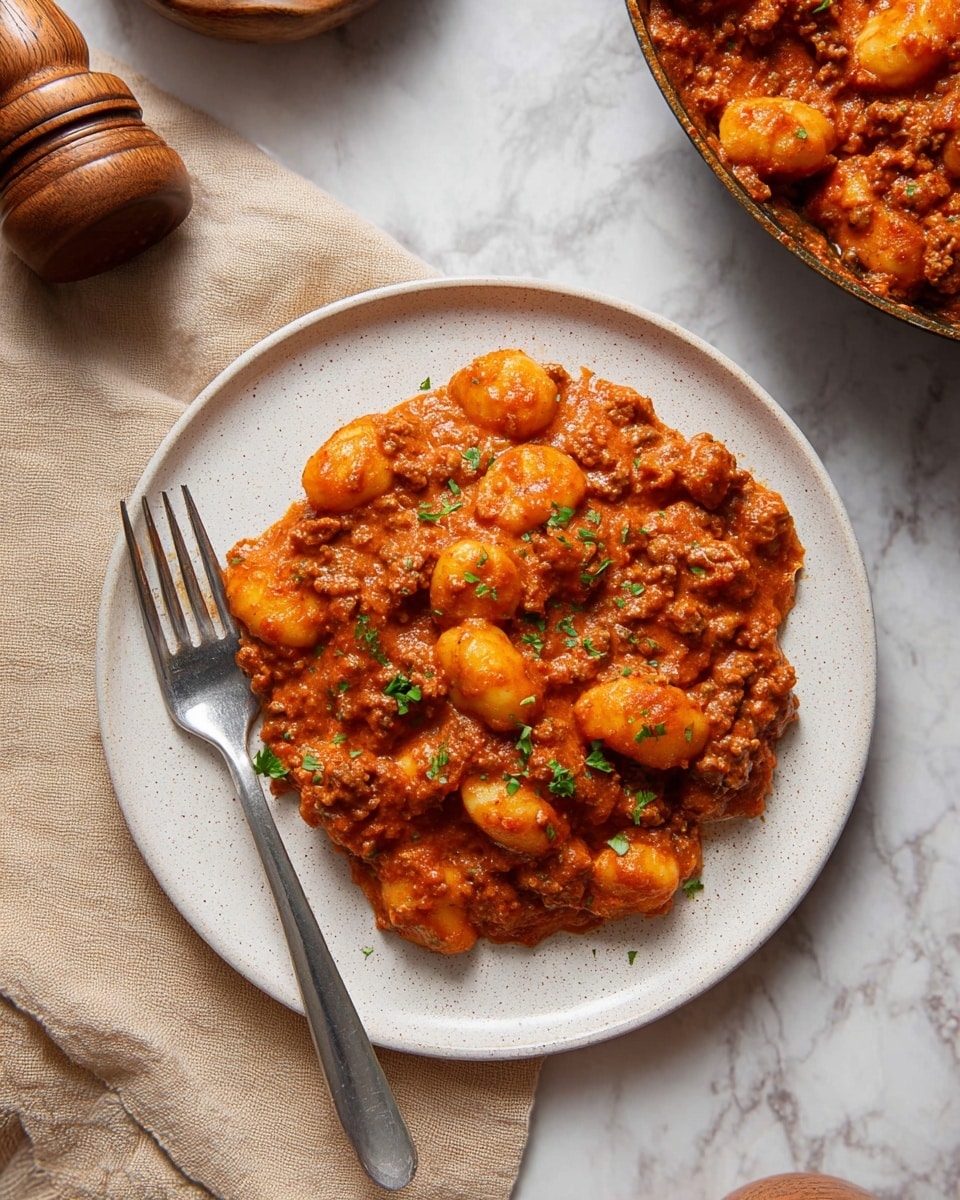 A white plate holds a thick, creamy orange-red sauce mixed with soft, round gnocchi and small bits of browned ground meat, all speckled with finely chopped green parsley. The gnocchi are plump and coated evenly by the rich sauce, which has a slightly textured, smooth surface with small pieces of tomato visible. A shiny metal fork rests on the left side of the plate, and the plate sits on a white marbled surface with a beige cloth napkin partially underneath. To the right, part of a wooden pepper grinder and a pan with more of the same dish can be seen. Photo taken with an iphone --ar 4:5 --v 7