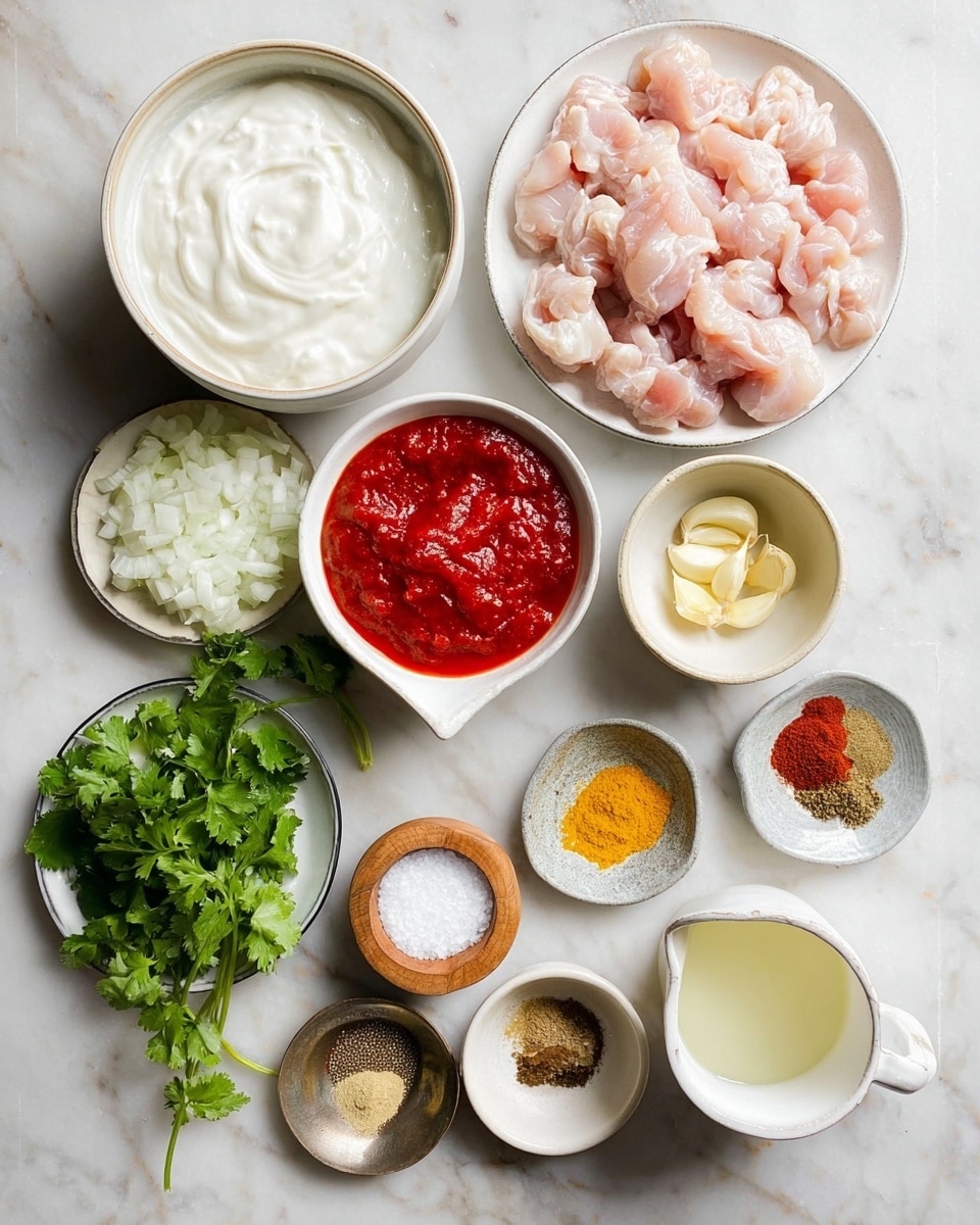 The image shows an arrangement of ingredients on a white marbled surface. In the top right, a white bowl holds many small, light pink raw chicken pieces. Next to it on the left, there is a larger white bowl filled with thick, white yogurt. Below the chicken, several smaller white bowls and dishes hold different ingredients: finely chopped white onions, bright fresh green cilantro leaves, and a bright red tomato sauce in a white bowl with a small handle. There are also small white dishes containing a pale yellow minced substance, three garlic cloves, and several ground spices in various colors, including brown, golden yellow, and dark red. A small wooden container holds coarse white salt, and next to it there is a small white cup with a creamy white liquid, plus a small white bowl with light yellow oil. Everything is neatly arranged and clearly visible. Photo taken with an iphone --ar 4:5 --v 7