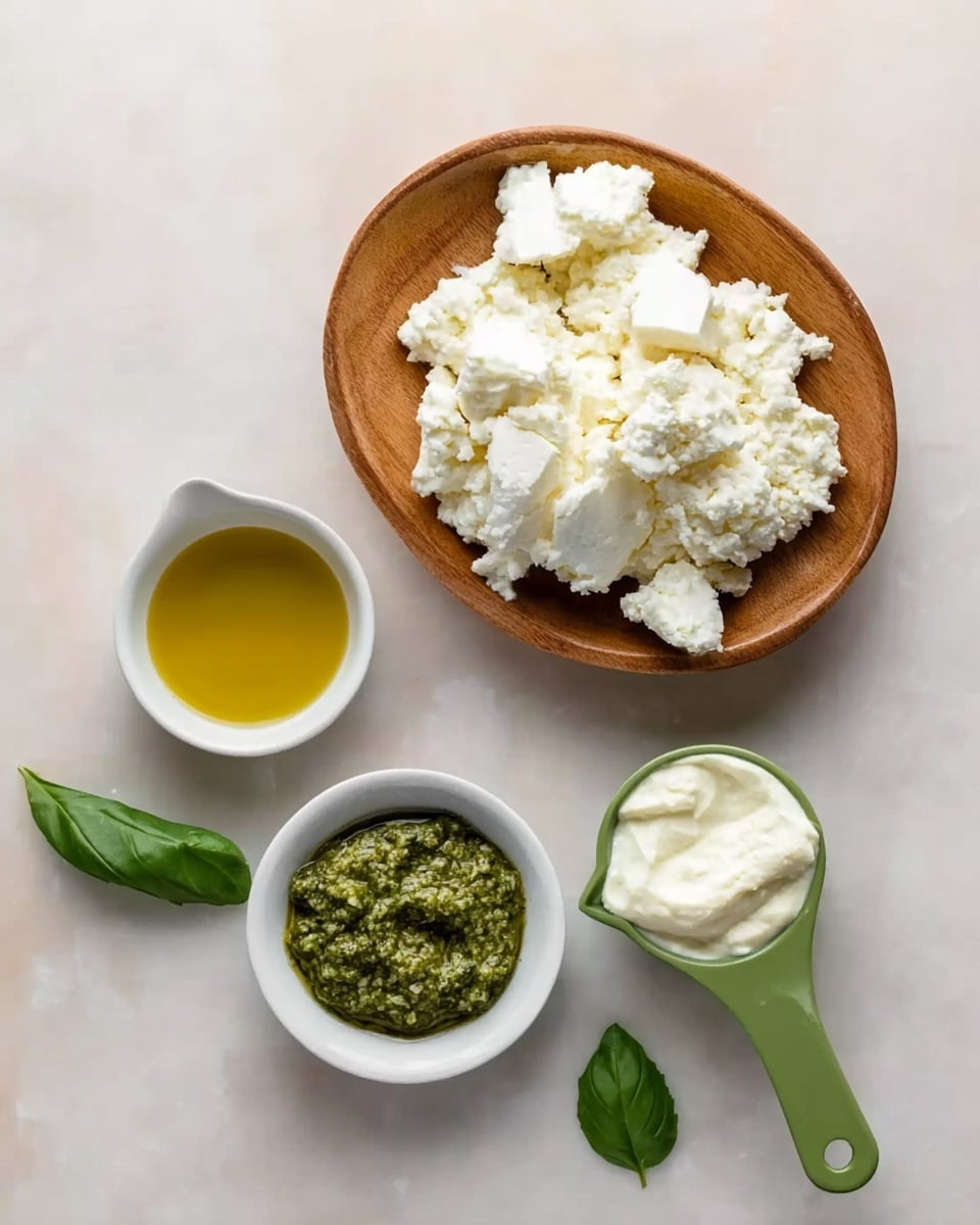 The image shows a wooden bowl on a white marbled surface filled with soft white cheese that looks crumbly and creamy, with larger chunks on top. Below the bowl are three small white bowls; the left one has golden olive oil, the middle one holds a green pesto sauce with a coarse texture, and the right one contains a light white creamy ingredient in a green-handled measuring cup. Next to the measuring cup, two fresh green basil leaves are placed on the surface. The colors are soft and natural, with a clean and simple style. Photo taken with an iphone --ar 4:5 --v 7