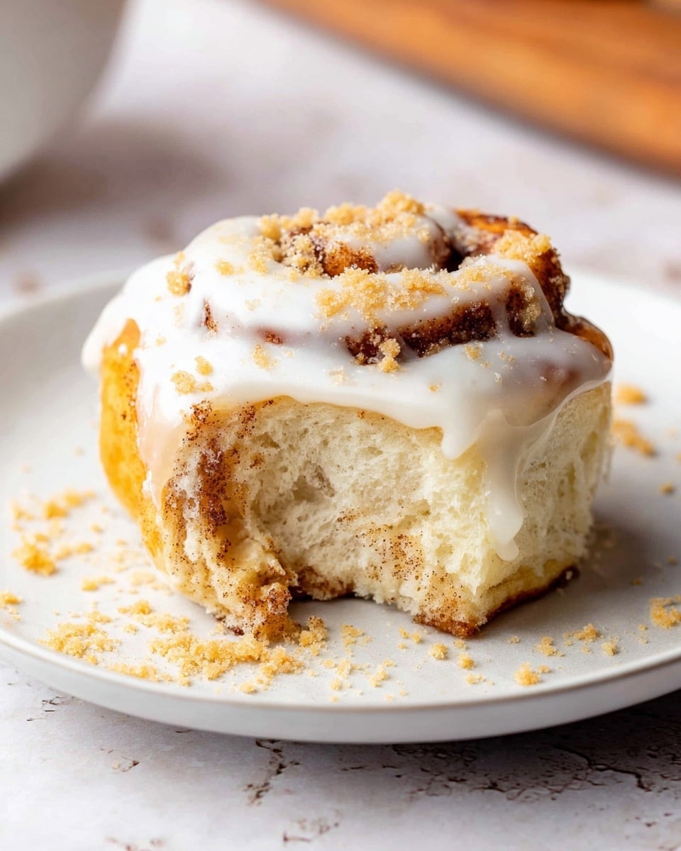 A single cinnamon roll with three visible layers sits on a white plate over a white marbled surface. The bottom layer is light golden brown dough, soft and fluffy, wrapped around a middle layer that is darker brown with cinnamon and sugar filling. The top layer is thick white icing melting down over the roll, with small golden brown crumbs sprinkled on it and on the plate. The roll is slightly open on one side, showing the soft inside texture. Photo taken with an iphone --ar 4:5 --v 7
