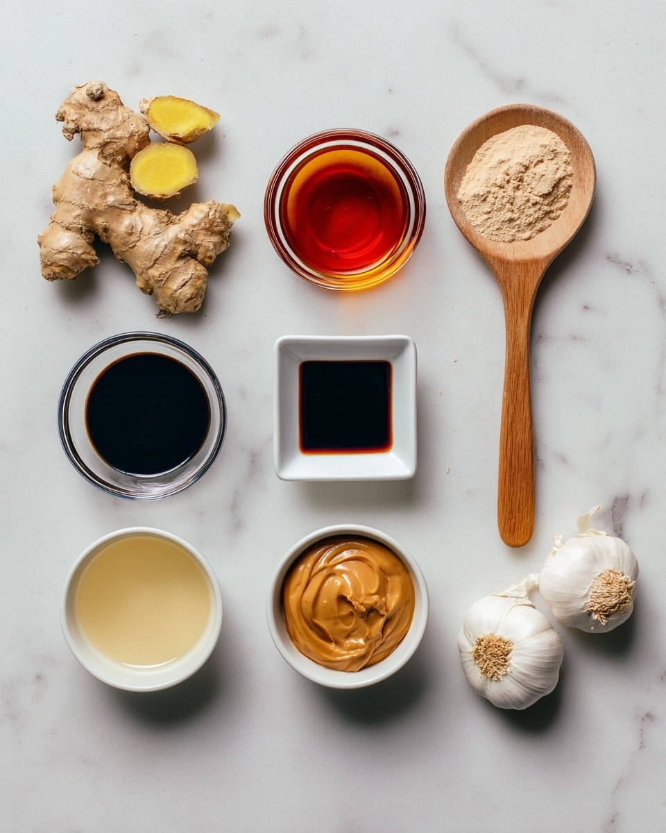 The image shows eight ingredients placed neatly on a white marbled surface in two rows, four items in each row. The top row has two pieces of knobby, light brown ginger root with some yellow inside on the left, a small glass bowl of dark amber liquid on the right, with a small white square bowl of thick dark soy sauce below the ginger and a wooden spoon filled with a beige powder labeled
