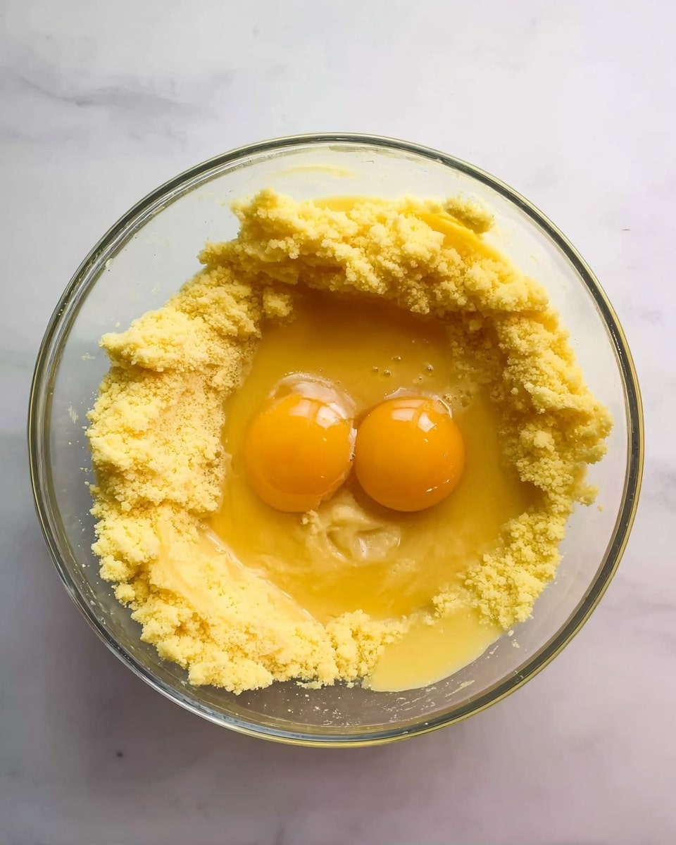 A clear glass bowl holds three layers of ingredients: the outer ring is a pale yellow, crumbly mixture, inside it is a smoother, slightly darker yellow batter, and at the center rest two raw egg yolks sitting in a small pool of translucent liquid. All the textures appear soft and moist, with the crumbly layer forming a thick border around the smoother batter and eggs. The bowl is placed on a white marbled surface. photo taken with an iphone --ar 4:5 --v 7