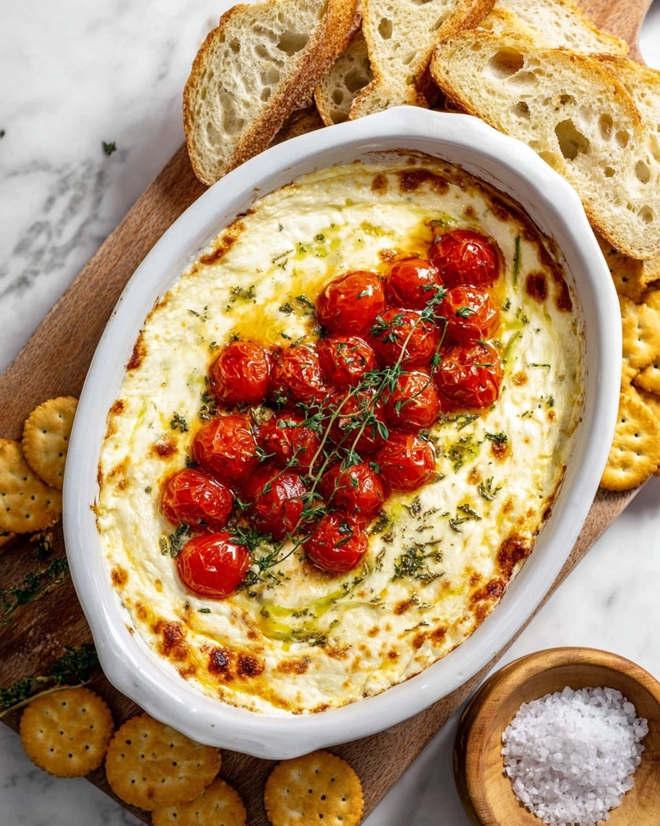 A white oval dish holds a creamy baked cheese layer with a lightly browned, slightly bubbled surface, and a swirl in the middle filled with shiny, bright red cherry tomatoes topped with fresh green herb sprigs. The dish is on a wooden board that also has slices of light brown bread with holes leaning on the top edge of the dish, and round light brown crackers scattered on the white marbled surface around it. A small wooden bowl with coarse salt and some green herb sprigs are also visible nearby. photo taken with an iphone --ar 4:5 --v 7