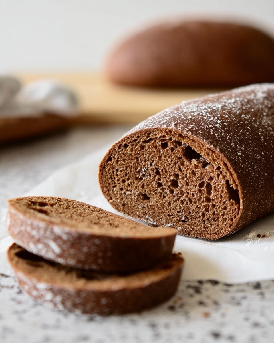 A dark brown loaf of bread is on a white marbled surface, with one end sliced to show the soft, airy texture inside with small holes. The loaf is long and round, with a slightly rough crust sprinkled with flour. Next to the loaf, several thick slices lie stacked on white paper, showing the same dark brown color and soft texture inside. In the background, blurred, is the rest of the loaf and another piece of bread. Photo taken with an iphone --ar 4:5 --v 7