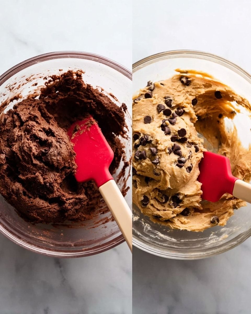 Two clear glass bowls sit side by side on a white marbled surface. The bowl on the left contains a thick, dark brown cookie dough mixed with chocolate bits, its rich texture dense and slightly moist, with some of the dough clinging to the sides of the bowl. A red spatula with a beige handle is partially buried in the dough, its tip coated with the dark mixture. The bowl on the right holds a lighter, tan-colored cookie dough with visible chocolate chips spread evenly throughout, appearing creamier and softer than the one on the left, with some dough stuck along the bowl's edge. A similar red spatula with a beige handle sits inside, partially mixing the dough. Photo taken with an iphone --ar 4:5 --v 7