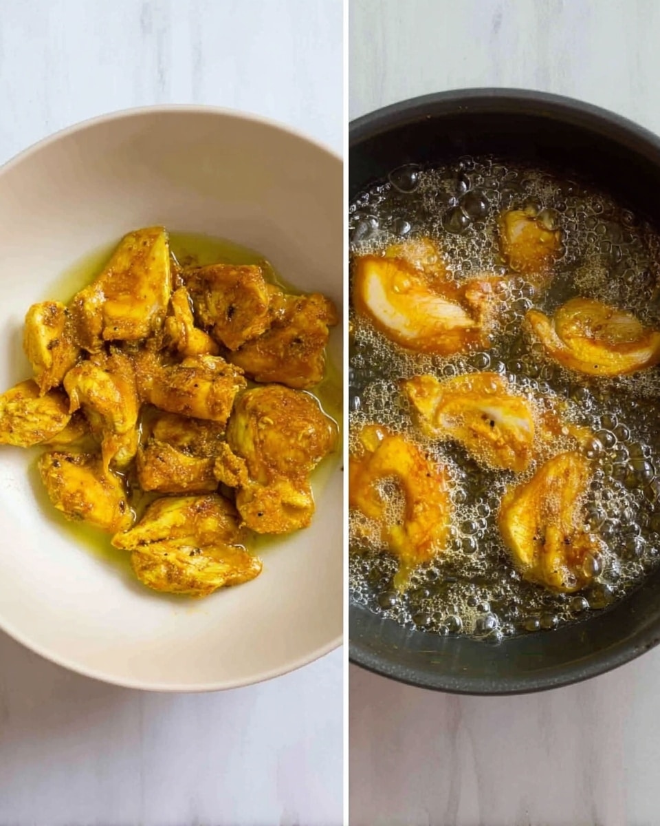 The image shows two side-by-side pictures: on the left, raw pieces of yellow-orange marinated chicken with visible spices, placed inside a white bowl on a white marbled surface; on the right, four pieces of the same chicken frying in hot oil inside a dark pan, with bubbles around the chicken indicating frying, and the chicken turning golden yellow-brown in color. Photo taken with an iphone --ar 4:5 --v 7